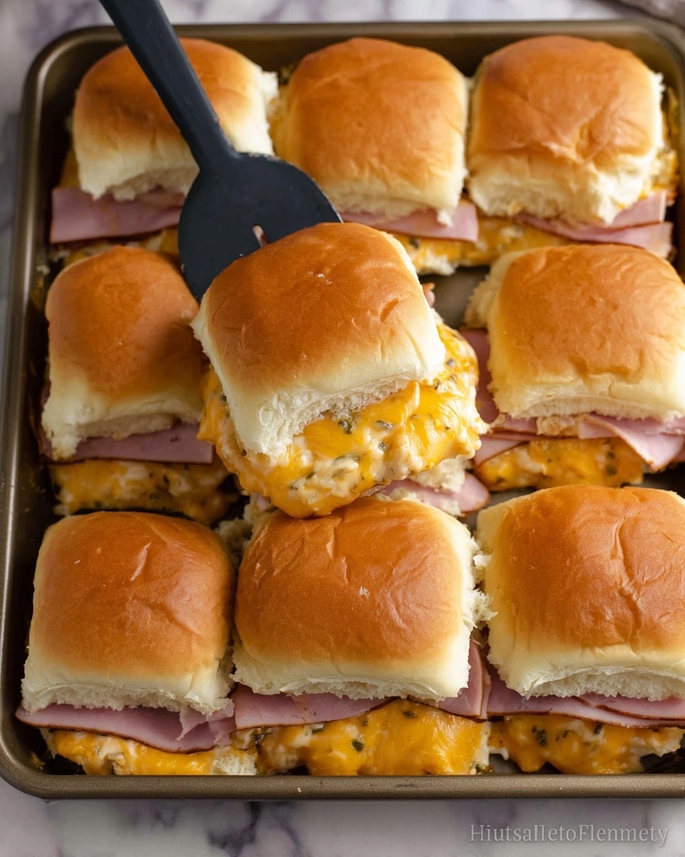 The image shows a tray of nine baked sandwiches arranged in a 3x3 grid. Each sandwich has a soft, golden-brown bun on top that looks slightly shiny and fluffy. Underneath the top bun, there is a layer of melted, creamy orange-yellow cheese mixed with small bits of green, giving a soft, gooey texture. Below the cheese is a thick, round slice of pink ham with a few darker edges, resting on a thick, pale bread bottom. The sandwiches are all touching each other in the tray, with one sandwich slightly lifted by a black spatula with a matte handle. The surface beneath the tray is a white marbled texture. photo taken with an iphone --ar 4:5 --v 7