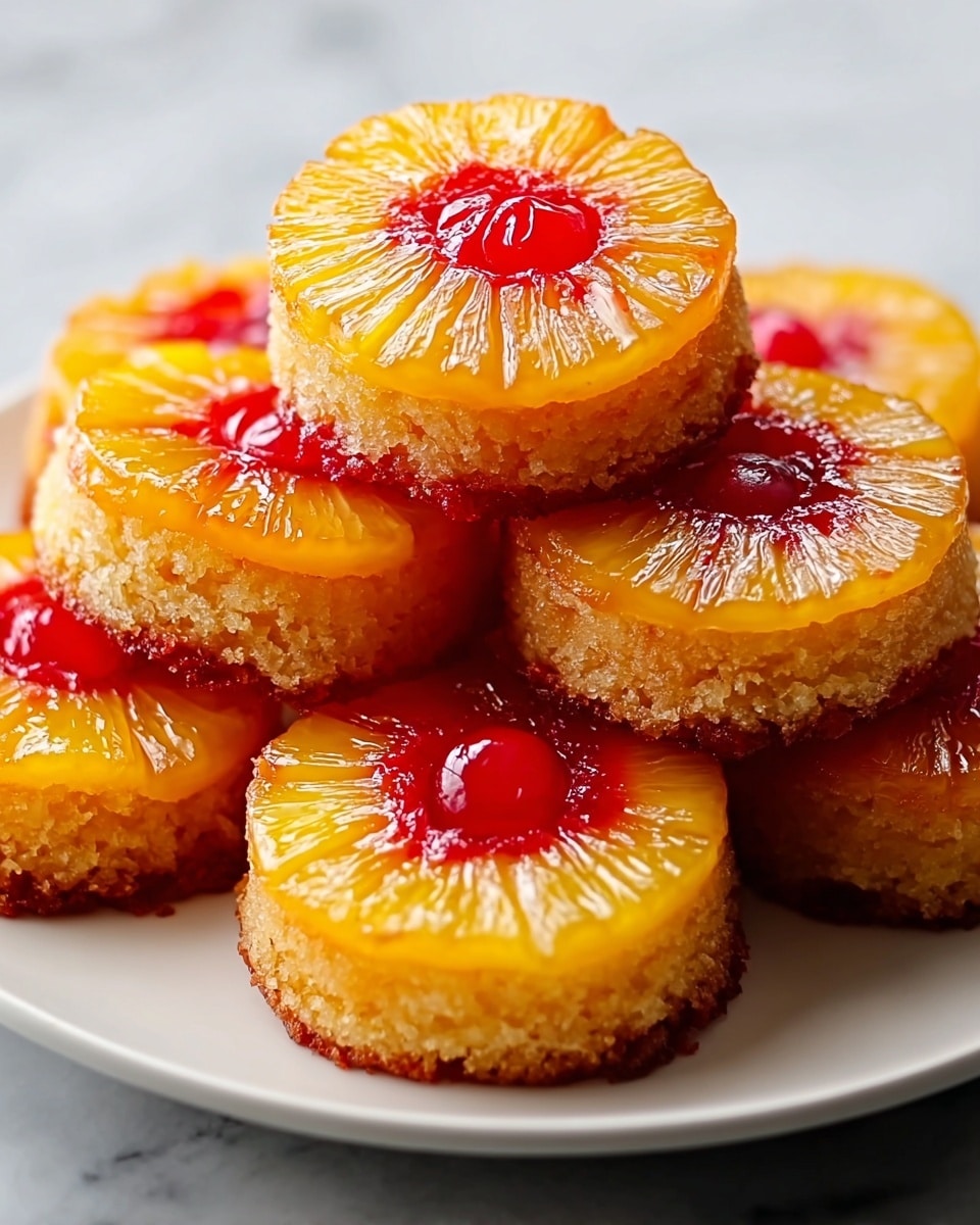 A plate with a stack of six round pineapple upside-down mini cakes is shown on a white marbled surface. Each cake has two layers: the top layer is a shiny, golden yellow pineapple ring with a juicy texture, and the center is filled with a bright red glazed cherry. The bottom layer is a moist, golden brown cake base that looks soft and slightly crumbly. The cakes are stacked in a slightly uneven pile, showing the layers clearly from the side. photo taken with an iphone --ar 4:5 --v 7
