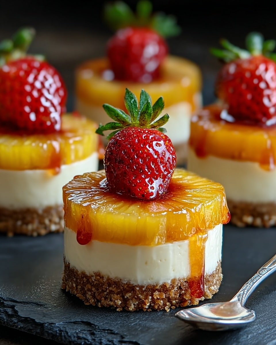 The image shows four small round cakes placed on a dark surface with a spoon on the right side. Each cake has three layers: the bottom layer is a crumbly brown base, the middle layer is a smooth, creamy off-white cheesecake, and the top layer is a shiny, golden caramelized pineapple ring. On top of each pineapple ring, there is a bright red strawberry with a small green leaf, covered with a glossy glaze that drips slightly down the sides. The background is softly blurred, making the cakes stand out clearly. photo taken with an iphone --ar 4:5 --v 7