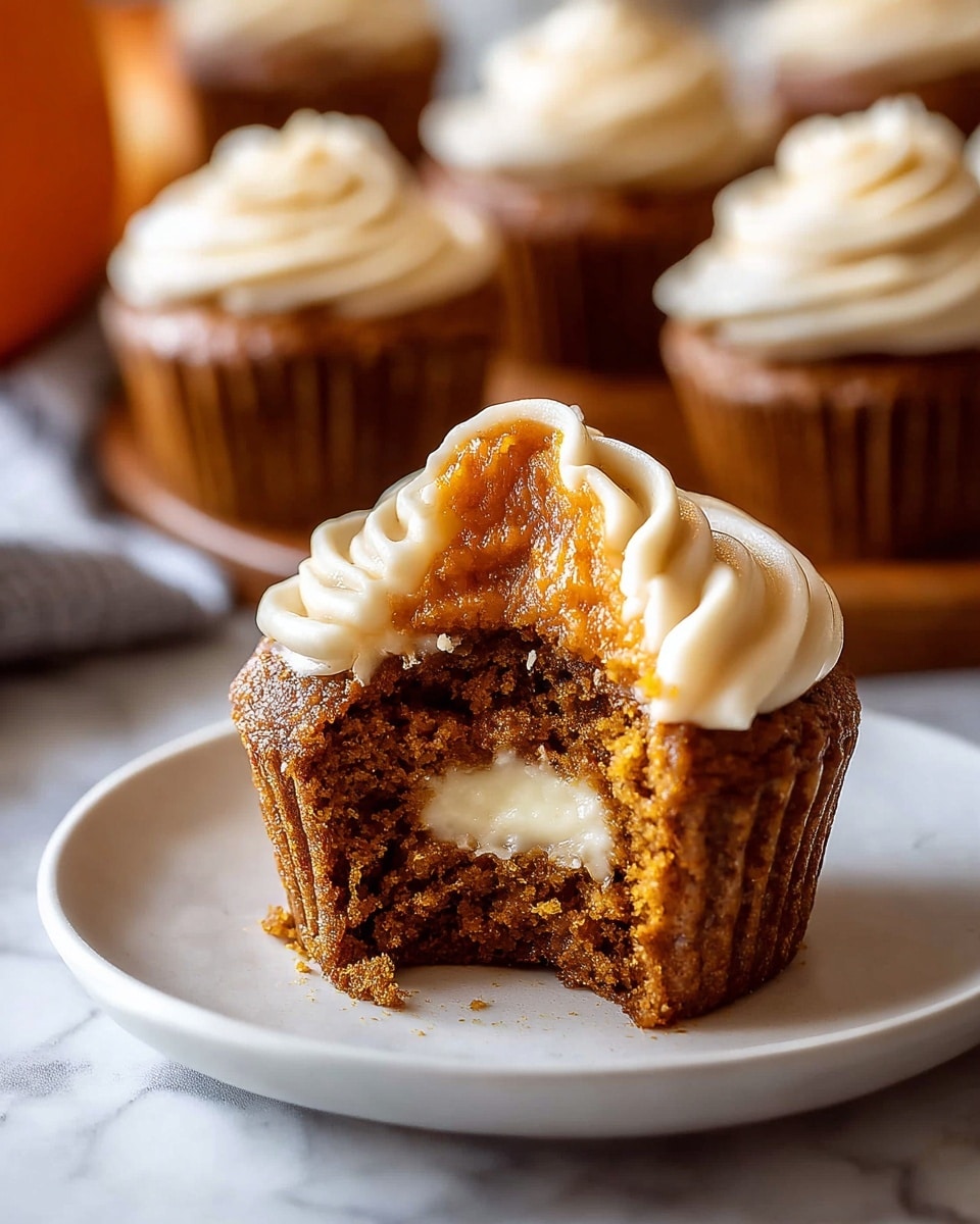 A close-up of a moist brown cupcake with a bite taken out at the front, showing a white creamy filling inside. The top has a swirl of white frosting with a dollop of darker orange-brown pumpkin-colored topping in the center. The cupcake sits on a simple white plate, placed on a white marbled texture. In the background, there are more cupcakes with similar frosting and pumpkin topping, slightly blurred to keep focus on the front cupcake. photo taken with an iphone --ar 4:5 --v 7