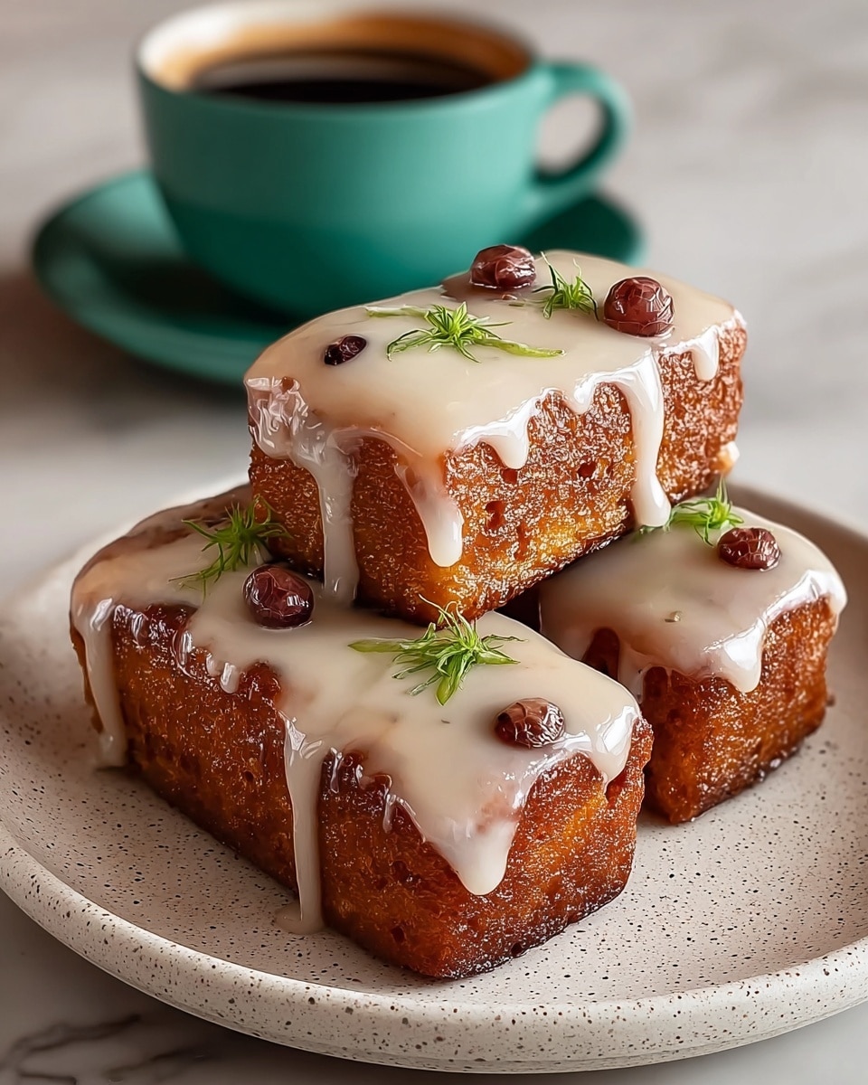 Three rectangular golden-brown fried cakes are stacked on a white speckled plate, each topped with creamy white glaze dripping down the sides. Small green herb leaves and round reddish-brown beans decorate the glaze on each cake. In the background, a teal cup filled with dark coffee sits on a matching saucer on a white marbled surface. photo taken with an iphone --ar 4:5 --v 7