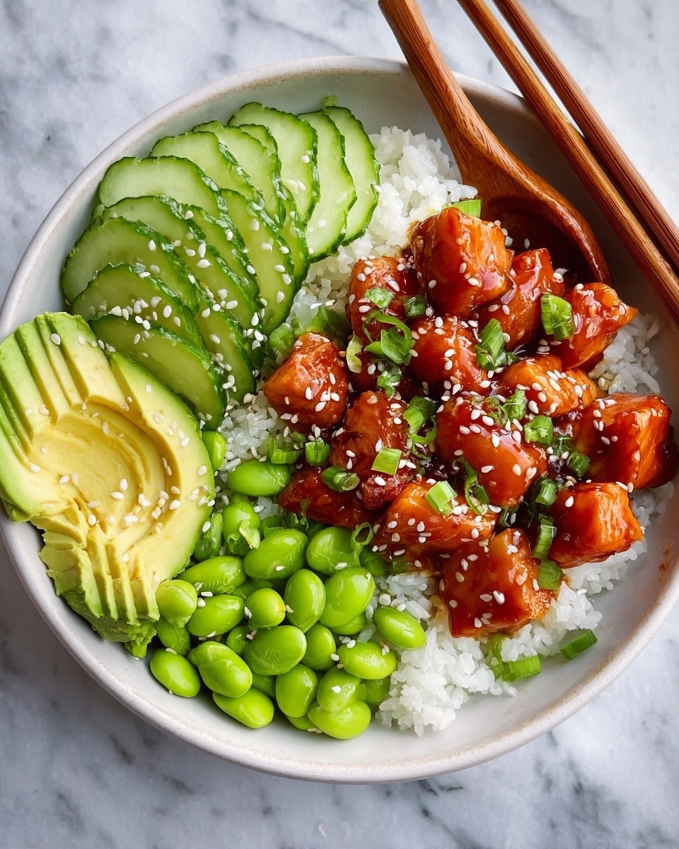 A white bowl filled with a base layer of white rice topped with three main sections: on one side, thinly sliced green cucumbers arranged in a fan-like pattern; next to it, bright green edamame beans scattered lightly; and on the other side, slices of creamy light green avocado with a smooth texture. In the center lie glistening chunks of reddish-brown glazed salmon, each piece coated in a shiny sauce and sprinkled with white sesame seeds and small chopped green onions. A wooden spoon rests inside the bowl on the right side, and the bowl sits on a white marbled surface. photo taken with an iphone --ar 4:5 --v 7