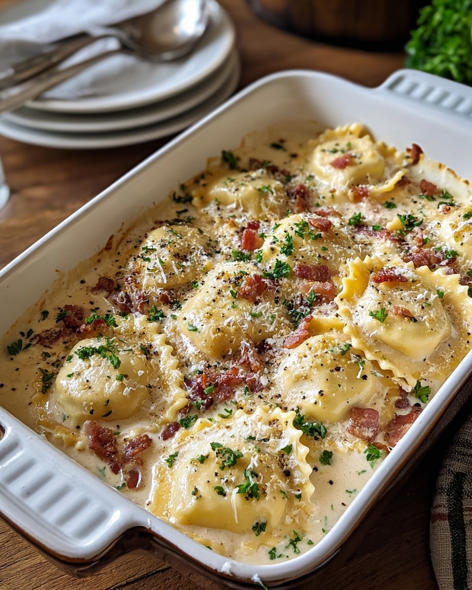 A white rectangular baking dish filled with two layers of baked ravioli in a creamy white sauce. The bottom layer is covered with the sauce mixed with small bits of browned bacon, and the top layer has round ravioli with edges that are crimped and slightly golden. The ravioli are sprinkled with grated white cheese, black pepper, and small green parsley pieces. The dish is placed on a wooden surface next to a stack of white plates with a white napkin and a spoon set. The background has a blurred wooden and green element. Photo taken with an iphone --ar 4:5 --v 7