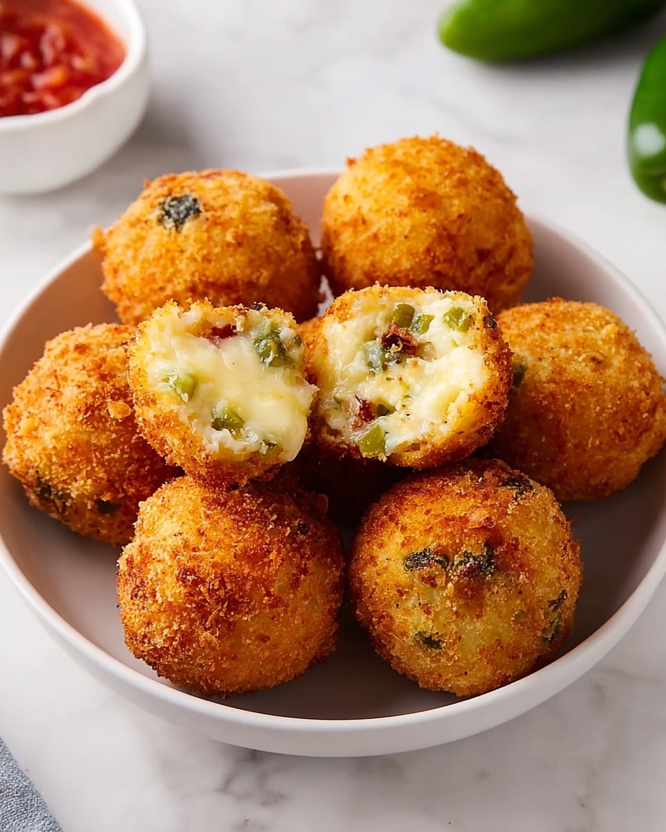 A white bowl filled with eight round, golden-brown fried balls that have a crispy breadcrumb coating, with two of the balls cut open to show a creamy, light yellow filling mixed with small green and red vegetable pieces. The fried balls are arranged in a close group with one cut ball near the top center and another near the middle. The bowl sits on a white marbled surface with part of a white bowl of red sauce and a green pepper visible blurred in the background. photo taken with an iphone --ar 4:5 --v 7