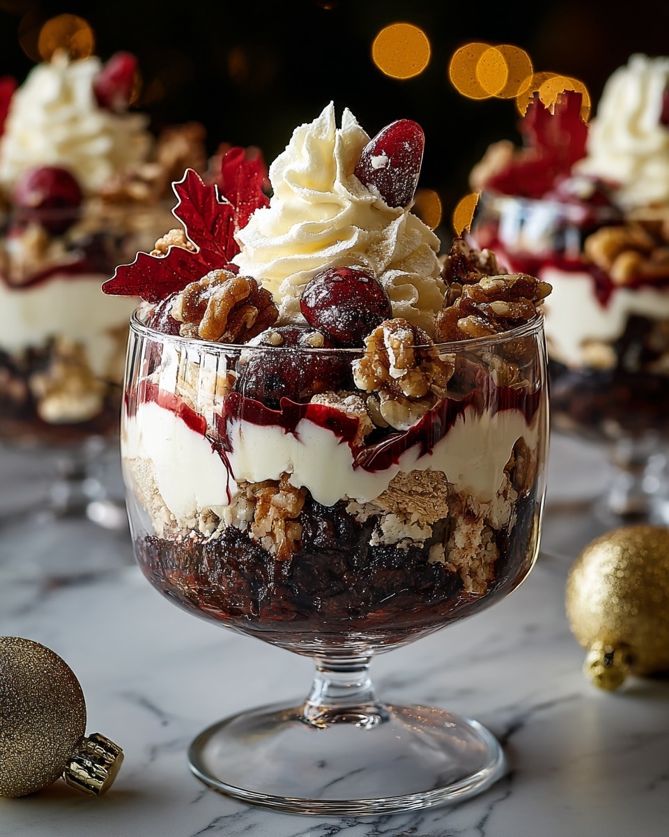 A clear glass dessert cup holds a layered trifle with four visible layers: the bottom is a dark chocolate cake base, above it is a thick layer of white cream, followed by a mixed layer of crumbled cake pieces and nuts in light brown and beige tones, then topped with another layer of white cream swirled with red berry sauce, decorated with whole walnuts, red cherries, and red leaf-shaped edible decorations, all crowned with a swirl of white whipped cream. The dessert sits on a white marbled textured surface, with blurred glass dessert cups in the background and a small golden Christmas ornament beside it. Photo taken with an iphone --ar 4:5 --v 7