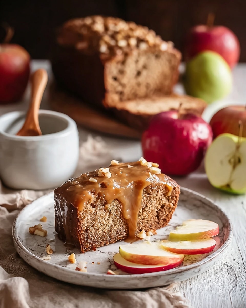A thick slice of brown cake with a soft, crumbly texture sits center on a white plate with a subtle marbled pattern. The cake is topped with a thick layer of glossy caramel sauce, dotted with small pieces of nuts. In front of the slice, there are thin, round slices of red and pale yellow apple arranged neatly. Behind the plate, a large loaf of the same brown cake and whole red and green apples rest on a white marbled texture surface. To the left of the plate, a small white bowl with a wooden spoon inside is placed on a beige cloth. Photo taken with an iphone --ar 4:5 --v 7