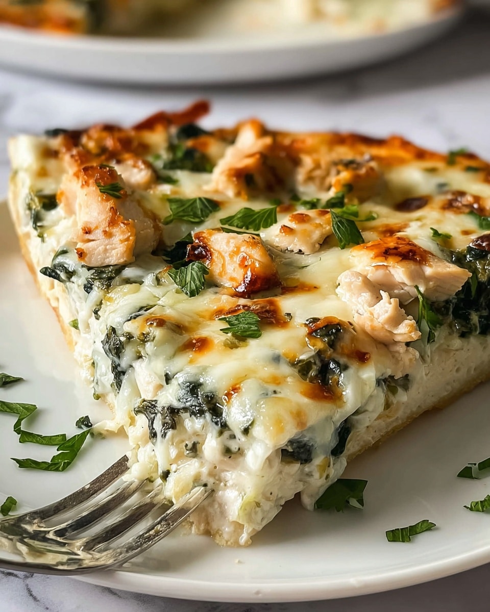 This image shows a close-up of a slice of layered white pizza on a white plate, placed on a white marbled surface. The pizza slice has at least three visible layers: a bottom golden-baked crust, a middle layer of creamy white sauce mixed with green leafy vegetables, and a thick top layer of melted cheese that is bubbly and slightly browned with small pieces of diced cooked chicken and sprinkled fresh green herbs on top. The texture of the melted cheese is gooey with browned spots, and the green herbs add a fresh touch. Part of a metal fork is visible under the pizza slice, ready to lift it. Photo taken with an iphone --ar 4:5 --v 7