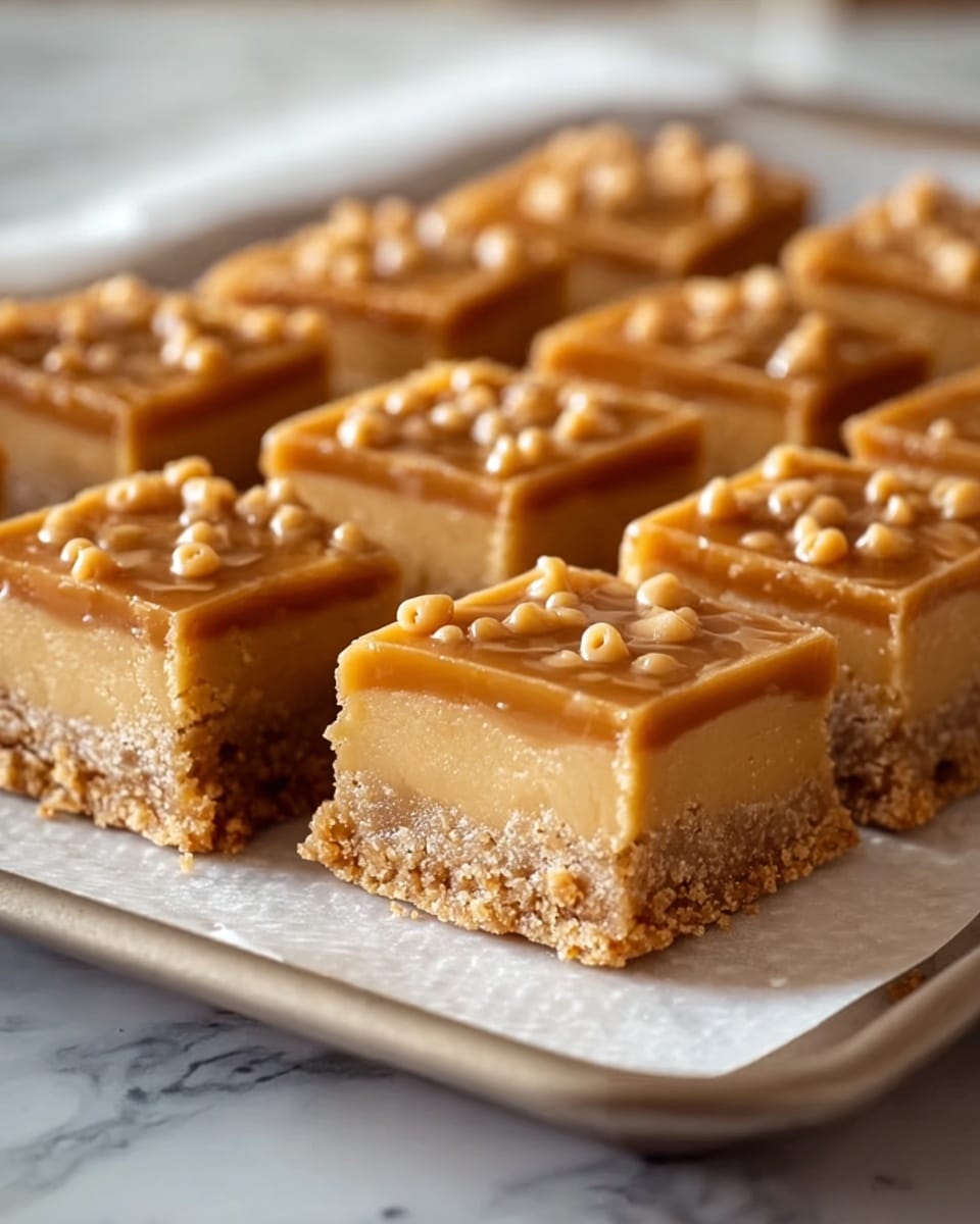 The image shows a close-up of six square caramel bars arranged in two short rows on a white parchment-lined baking tray. Each bar has three layers: a crumbly golden-brown crust at the bottom, a thick smooth light caramel filling in the middle, and a glossy creamy caramel topping sprinkled with small caramel chips on top. The bars' edges are slightly rough, showing the crumbly texture of the crust. The baking tray is set on a white marbled surface blurred in the background. photo taken with an iphone --ar 4:5 --v 7