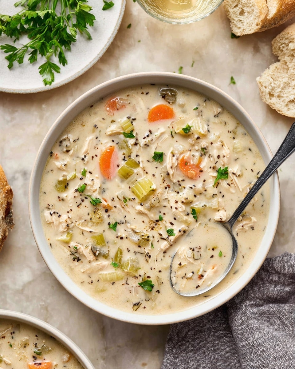 A white bowl filled with creamy soup showing multiple layers and textures, including orange carrot slices, green celery pieces, small bits of white chicken, and specks of black pepper and herbs evenly spread throughout. The soup is thick and smooth with visible chunks, and garnished with small green parsley leaves on top. A silver spoon is placed inside the bowl. Around the bowl, a white marbled surface holds a small white plate with fresh parsley and a glass with light-colored liquid, along with pieces of light brown bread on a gray cloth. photo taken with an iphone --ar 4:5 --v 7