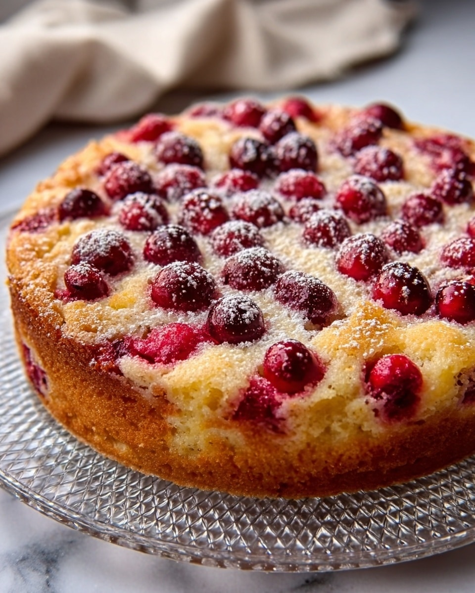 A round, single-layer cake with a golden-brown crust sits on a clear textured glass plate, showing a soft, crumbly yellow interior topped with scattered bright red cranberries that are slightly sunken into the batter, creating small pools of juice; the top is dusted with a light sprinkling of white powdered sugar, and the cake is placed on a white marbled surface with a soft cloth nearby, photo taken with an iphone --ar 4:5 --v 7
