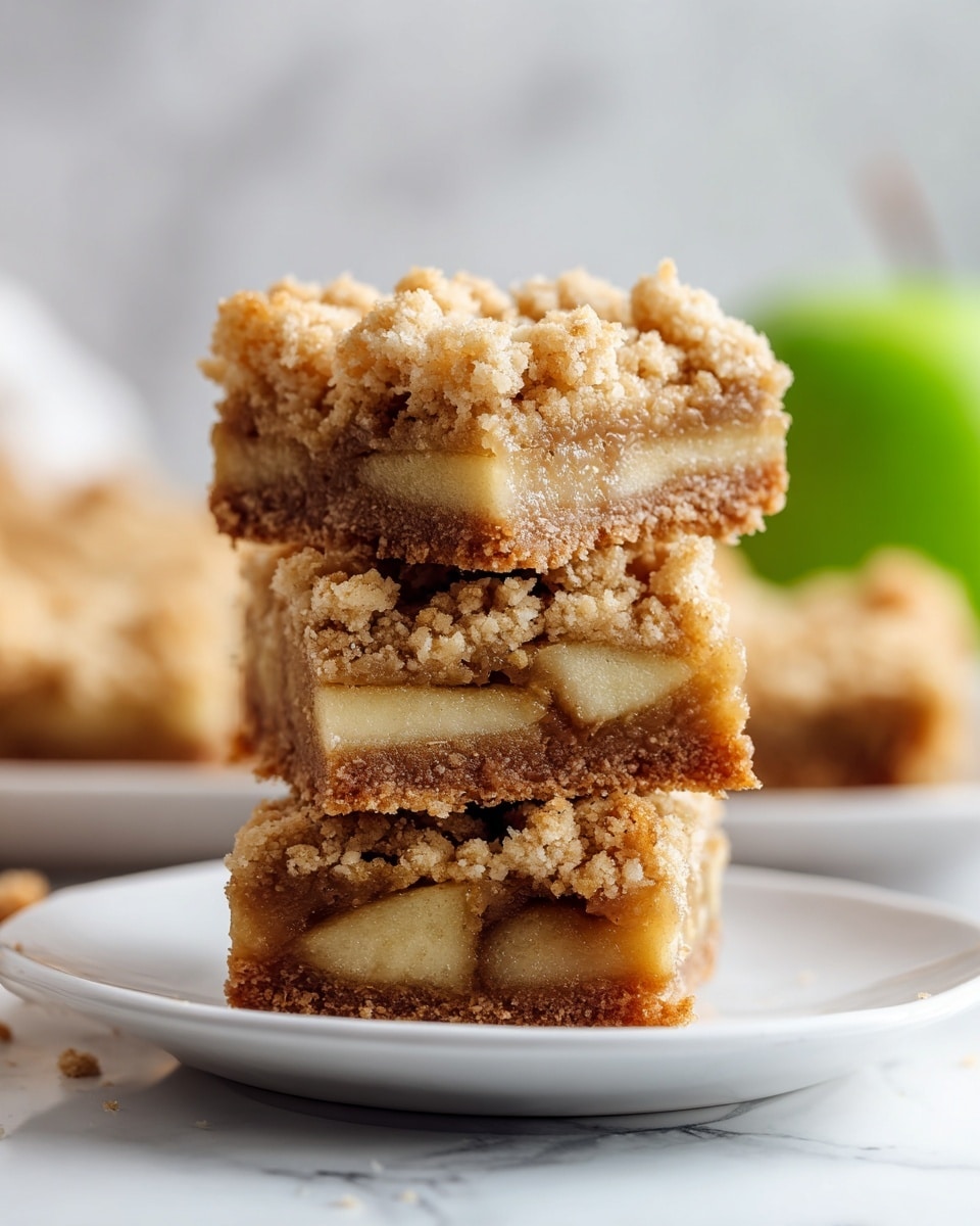 A stack of three apple crumb bars is placed on a white plate on a white marbled surface. Each bar has three visible layers: the bottom crust is a golden brown, crumbly texture; the middle layer is a soft, light tan apple filling with chunks of apple pieces; the top layer is a crumbly, slightly darker golden streusel topping. The bars have a dense, textured look with bits of crumb topping sticking out. In the blurry background, there is a green apple and more crumb bars. The photo taken with an iphone --ar 4:5 --v 7