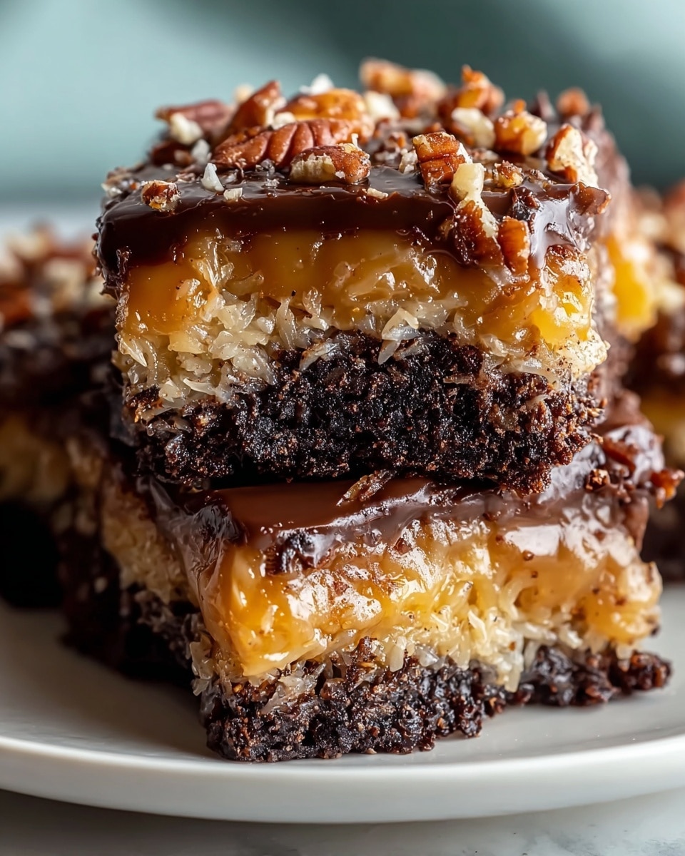 A close-up image of a three-layer dessert bar sitting on a white plate. The bottom layer is dark, rich, and crumbly chocolate cake with a slightly rough texture. The middle layer is a thick, gooey golden caramel mixed with shredded coconut that looks sticky and shiny. The top layer is a smooth, glossy dark chocolate glaze that covers the caramel, sprinkled with small, chopped pecans adding a crunchy texture. The white marbled surface softly blurs in the background, making the dessert the main focus. Photo taken with an iphone --ar 4:5 --v 7