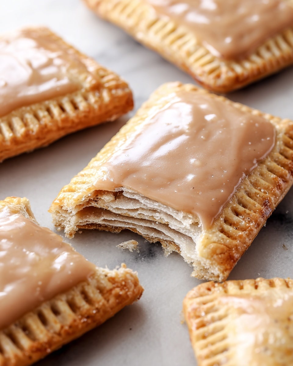 The image shows rectangular pop-tarts with golden-brown flaky crusts, each topped with a smooth, light brown glaze that covers the top center of the pastry. One pop-tart in the foreground has a bite taken out, revealing multiple thin, flaky layers inside with a slightly darker filling near the middle. The edges of the pop-tarts are crimped and textured, and they rest on a white marbled surface. Photo taken with an iphone --ar 4:5 --v 7