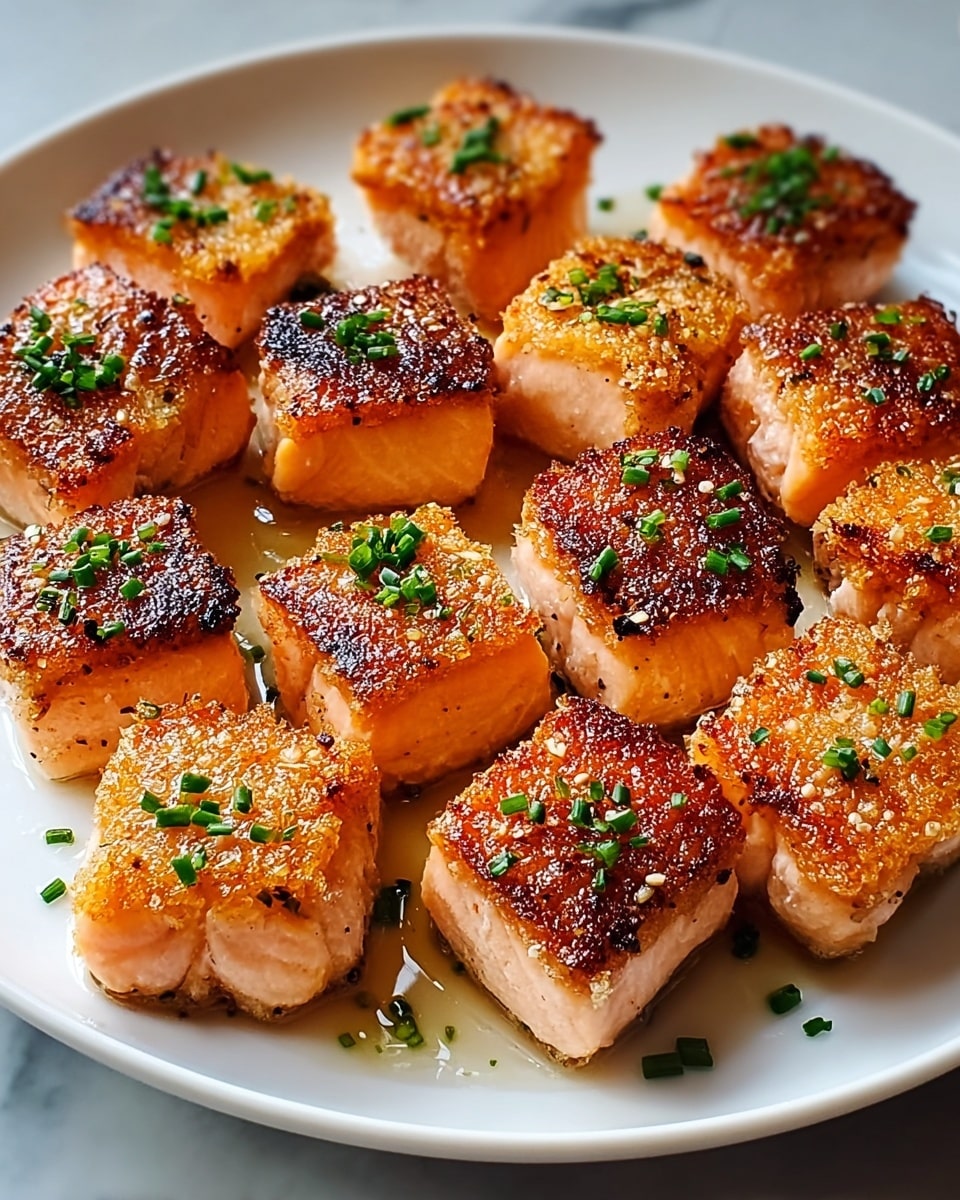 The image shows many small, square pieces of salmon on a white plate, each piece having crispy, golden-brown crusts on the top and sides with a slightly charred texture. The salmon flesh inside is light pink and tender looking. Tiny green chive bits are scattered on top of the salmon pieces for contrast. The plate rests on a white marbled surface. Photo taken with an iphone --ar 4:5 --v 7