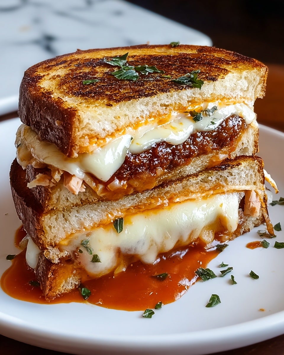 A toasted sandwich sits on a white plate with two halves stacked slightly apart. The sandwich has three main layers inside: at the bottom is a crispy patty with a dark reddish-brown sauce, topped with melted, creamy white cheese dripping slightly over the edge, then a light orange-colored sliced meat layer, and the top is thick golden-brown toasted bread with visible grill marks and scattered green herbs. Some sauce and herbs spill onto the plate. The background features a white marbled texture. photo taken with an iphone --ar 4:5 --v 7
