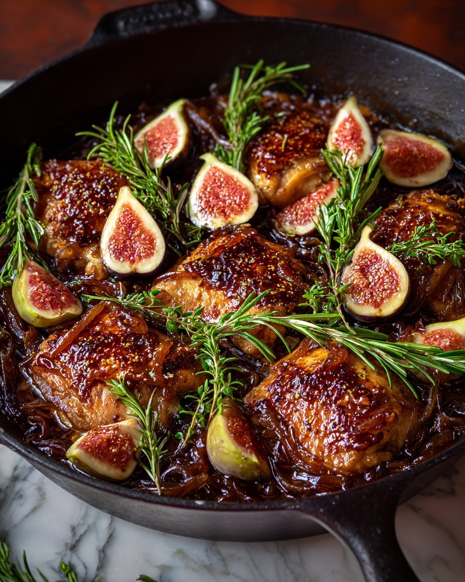 The image shows a black cast-iron pan filled with golden-brown cooked chicken thighs layered with caramelized onions, creating a dark, glossy texture on top. Scattered around and on top of the chicken pieces are halved figs, showing their bright reddish-pink insides with tiny seeds, bordered with a light green skin. Fresh green rosemary sprigs are placed evenly across the dish, adding a fresh, leafy green contrast to the rich browns and reds. The pan is placed on a white marbled texture surface with a soft focus on the background, giving the dish a warm, inviting look. Photo taken with an iphone --ar 4:5 --v 7