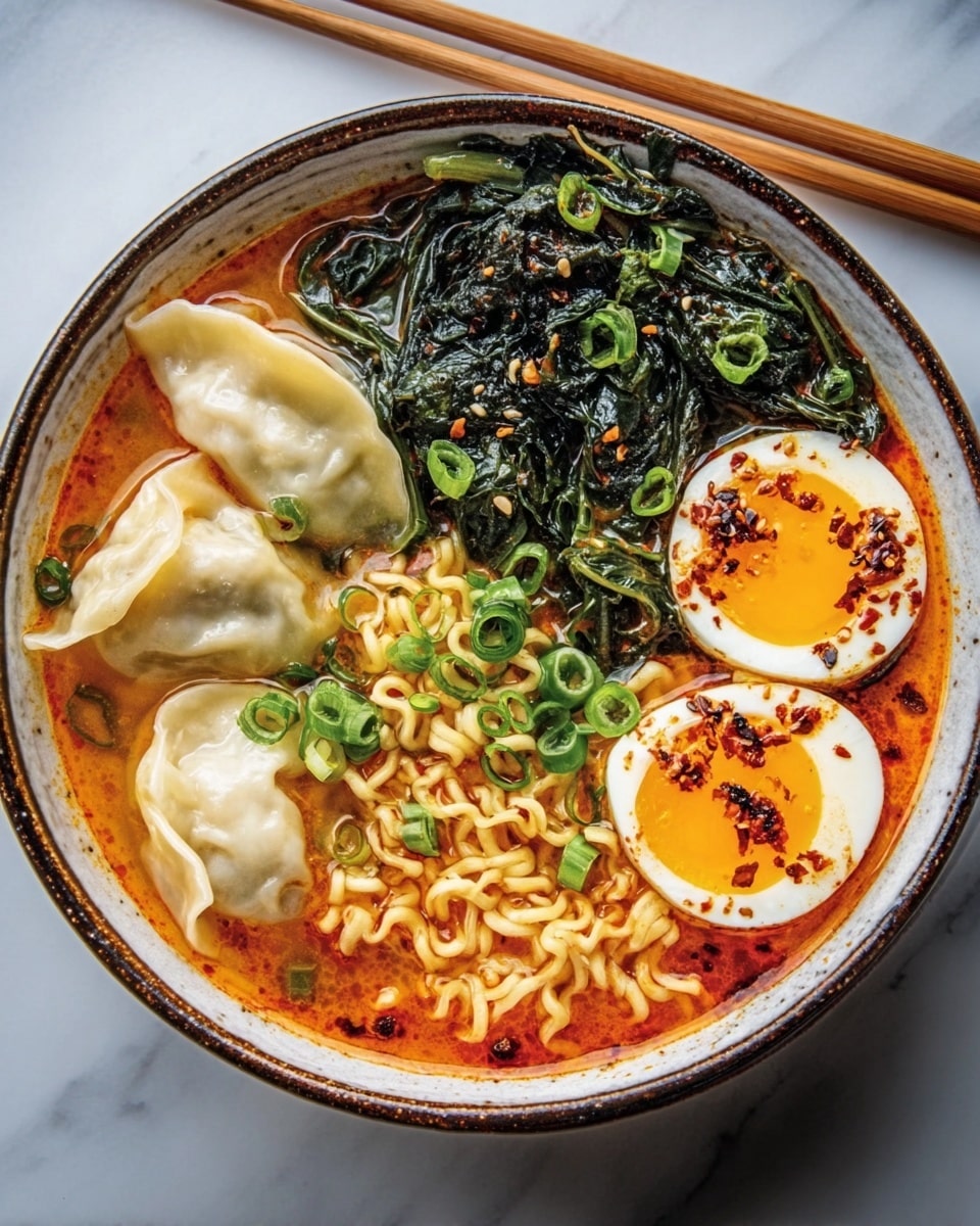 A white bowl with a brown rim holds a rich ramen dish with four pale, soft dumplings placed on the left side, slightly overlapping. In the center, curly yellow noodles sit submerged in a bright orange-red broth with chili oil visible. On the top right, dark green cooked leafy vegetables rest beside two halves of a soft-boiled egg with bright yellow yolks, sprinkled with black sesame seeds and chili flakes. Scattered chopped green onions add fresh green color over the noodles. The bowl is set on a white marbled surface with wooden chopsticks lying above. Photo taken with an iphone --ar 4:5 --v 7