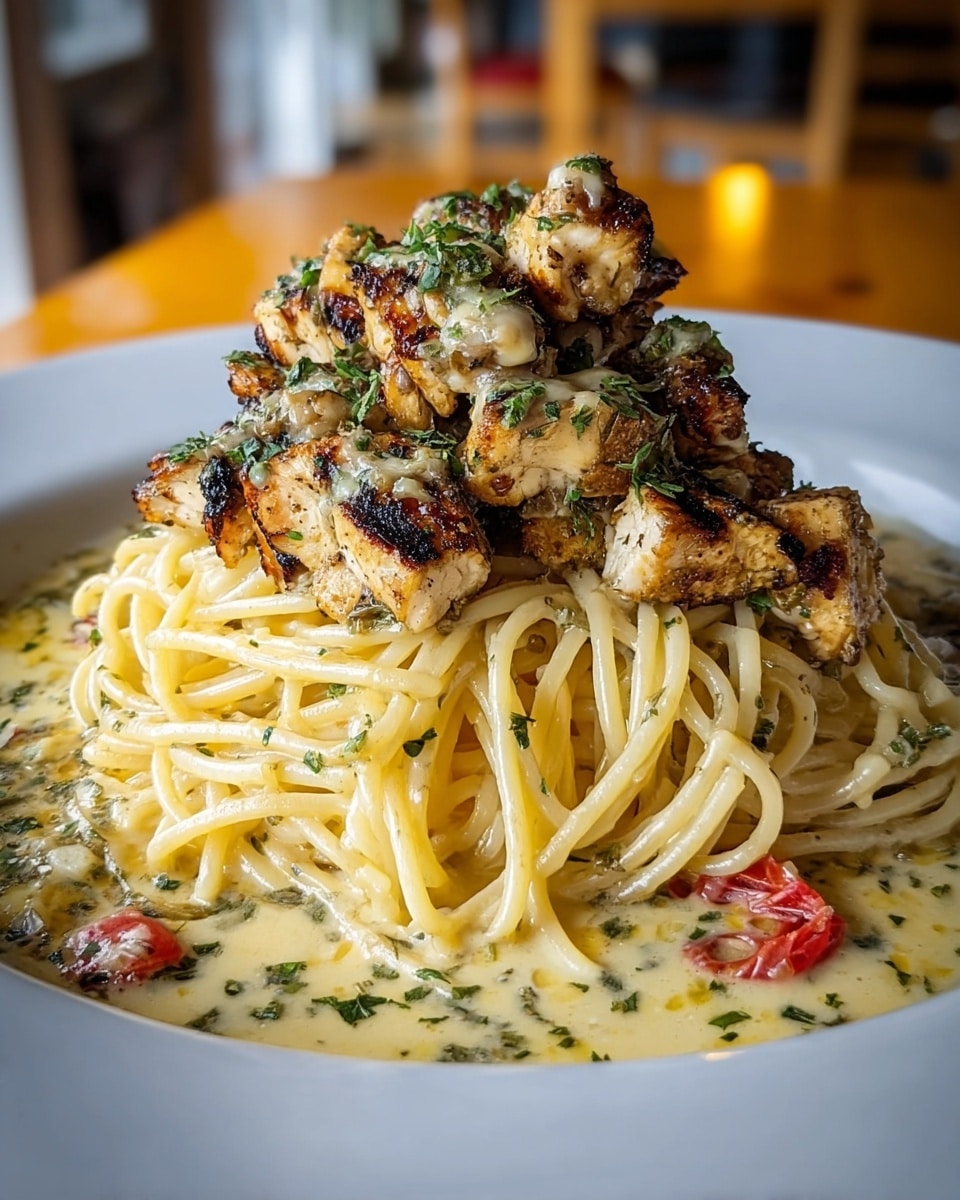 A white plate holds a dish with two main layers. The bottom layer is a pile of spaghetti coated in a creamy light yellow sauce with visible green herbs mixed throughout. The pasta looks glossy and soft. On top of the spaghetti sits a generous portion of grilled chicken pieces, which are golden brown with charred edges and sprinkled with chopped green herbs. There are some small pieces of red tomato visible near the bottom layer. The background shows a blurred indoor setting with warm light. photo taken with an iphone --ar 4:5 --v 7