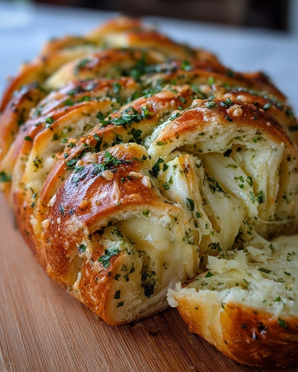 A close-up of a pull-apart garlic herb bread showing multiple layers of soft dough twisted with melted cheese and sprinkled generously with chopped green herbs on top. The bread's outer crust is golden brown with a shiny texture, while the inner layers reveal a creamy, pale yellow cheese filling mixed with green herbs. The bread is placed on a wooden board with a white marbled texture in the blurred background. photo taken with an iphone --ar 4:5 --v 7