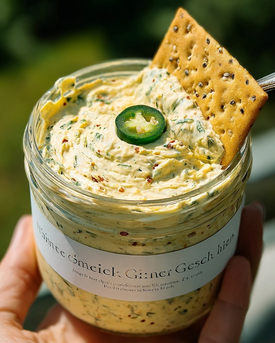 A jar filled with creamy spinach and cheese dip that has a light yellow color with green and red specks of herbs and spices mixed in, slightly textured and thick with a soft peak at the center topped by a single slice of green jalapeño pepper; a rectangular cracker with a light golden color and tiny dark seeds is dipped into the scoop on one side of the jar; the jar is held by a woman's hand and is placed against a blurred green outdoor background; the jar has a white label with black text; photo taken with an iphone --ar 4:5 --v 7