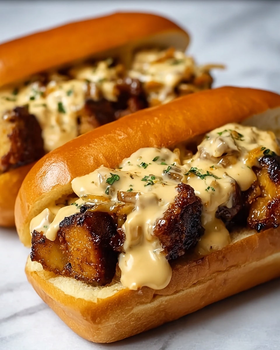 The image shows two sandwiches with three layers each inside glossy, golden brown soft buns. The bottom layer contains chunky pieces of dark brown grilled or fried meat with a crispy texture. On top of the meat, there is a thick layer of creamy light tan sauce with visible specks of herbs and spices, drizzled generously and spilling over the sides. The sandwiches rest on a white marbled surface, with no other elements visible. photo taken with an iphone --ar 4:5 --v 7