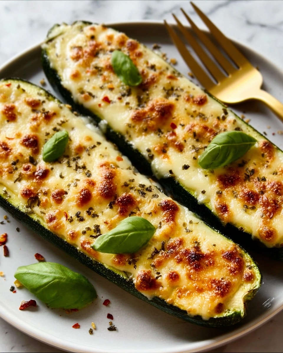 Two zucchini halves are placed on a white plate, each topped with a layer of melted, golden-brown cheese that has a slightly bubbly, crispy texture. The cheese layer is speckled with small brown spots from being baked and scattered with black pepper and red chili flakes. Bright green fresh basil leaves are placed on top as garnish, adding freshness and color contrast against the creamy cheese and dark green zucchini skin. The plate sits on a white marbled surface, and a gold-colored fork is positioned to the right of the plate. photo taken with an iphone --ar 4:5 --v 7