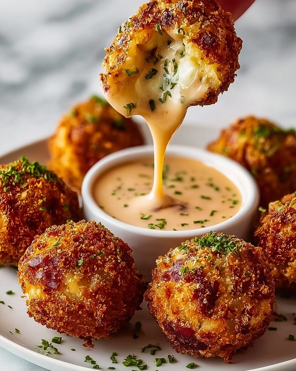 The image shows five golden brown crispy balls with a rough texture, sprinkled with small green herb pieces on top, arranged on a white plate with a white marbled surface beneath. One ball is held above a small white bowl filled with smooth, creamy light brown sauce with green herb bits, and the ball is broken open, revealing a soft, creamy interior mixed with small bits of meat and cheese. The sauce drips from the broken ball back into the bowl. photo taken with an iphone --ar 4:5 --v 7