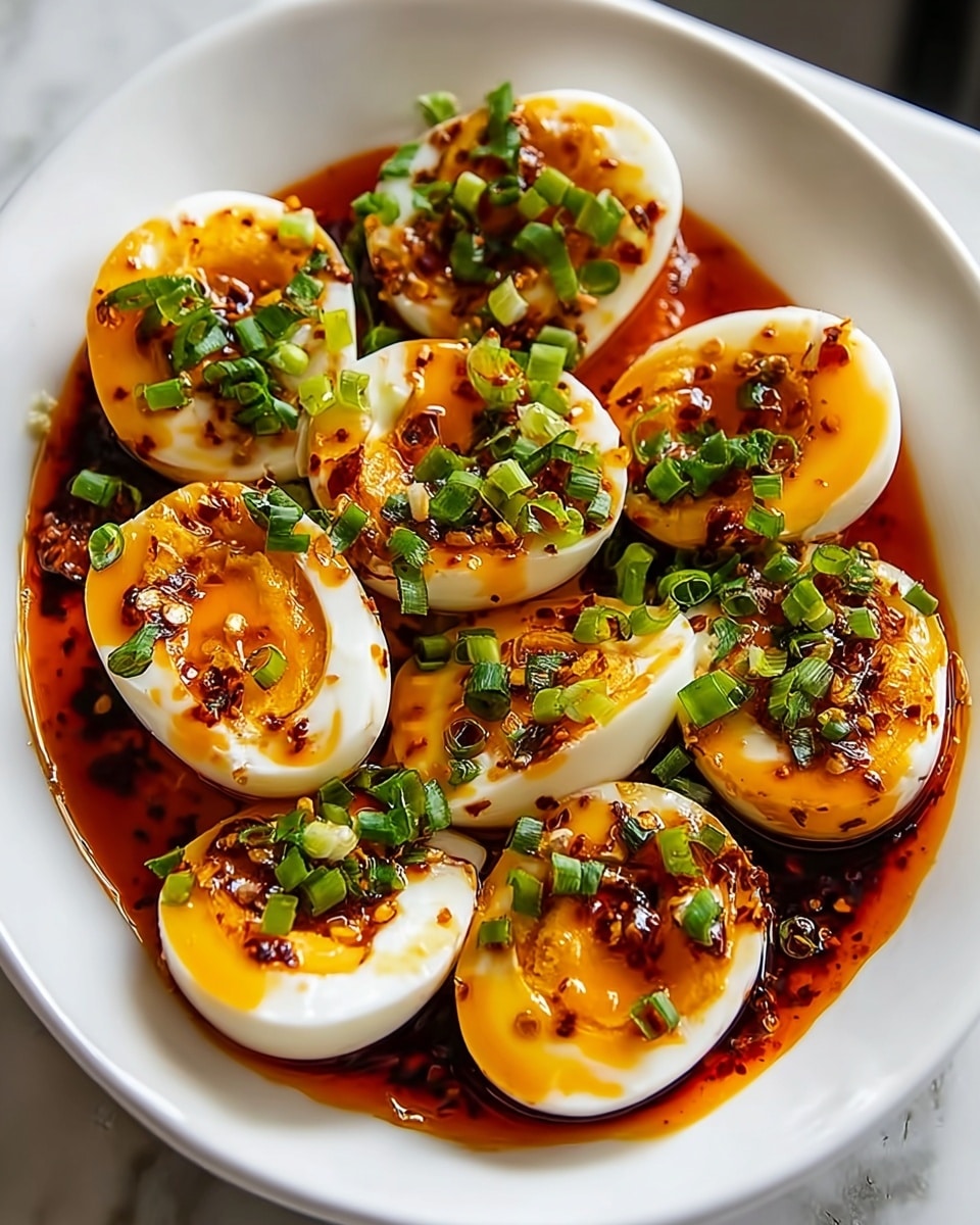 A white shallow bowl filled with halved soft-boiled eggs, each showing smooth white outer layer and bright orange yolks that are slightly runny. The eggs are covered with a glossy dark red chili oil sauce that pools at the bottom of the bowl, with visible chili flakes adding texture. Fresh chopped green onions are sprinkled evenly over the eggs, adding a fresh green contrast. The bowl is set on a white marbled surface, bright and clean. Photo taken with an iphone --ar 4:5 --v 7