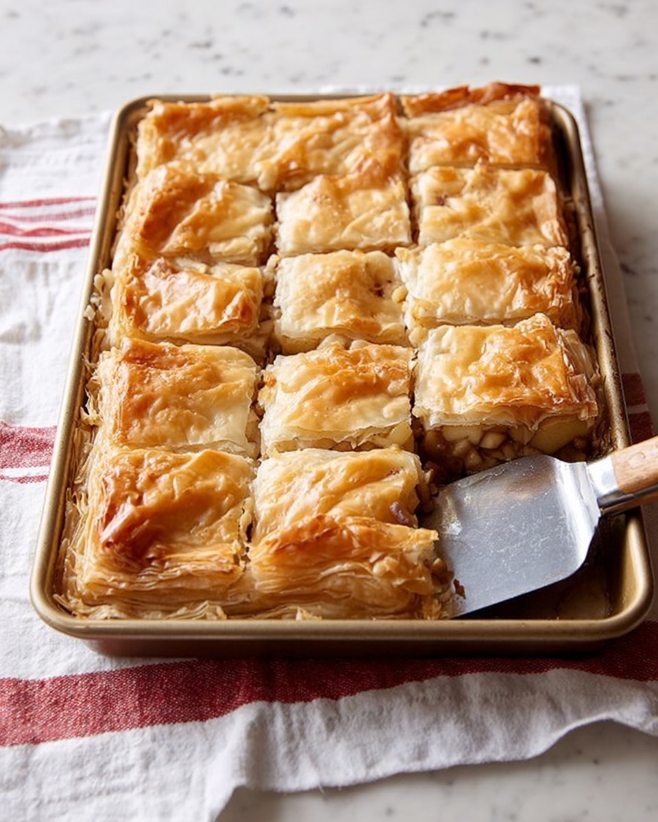 A rectangular apple pastry made in a metal baking tray with three rows of thick, golden-brown, flaky crust layers on the top and edges; the filling underneath is light tan with soft, slightly visible apple chunks, giving a rough texture. The tray is placed on a white towel with red stripes, resting on a white marbled surface. A metal spatula on the right side is slightly lifting the pastry from the tray. photo taken with an iphone --ar 4:5 --v 7