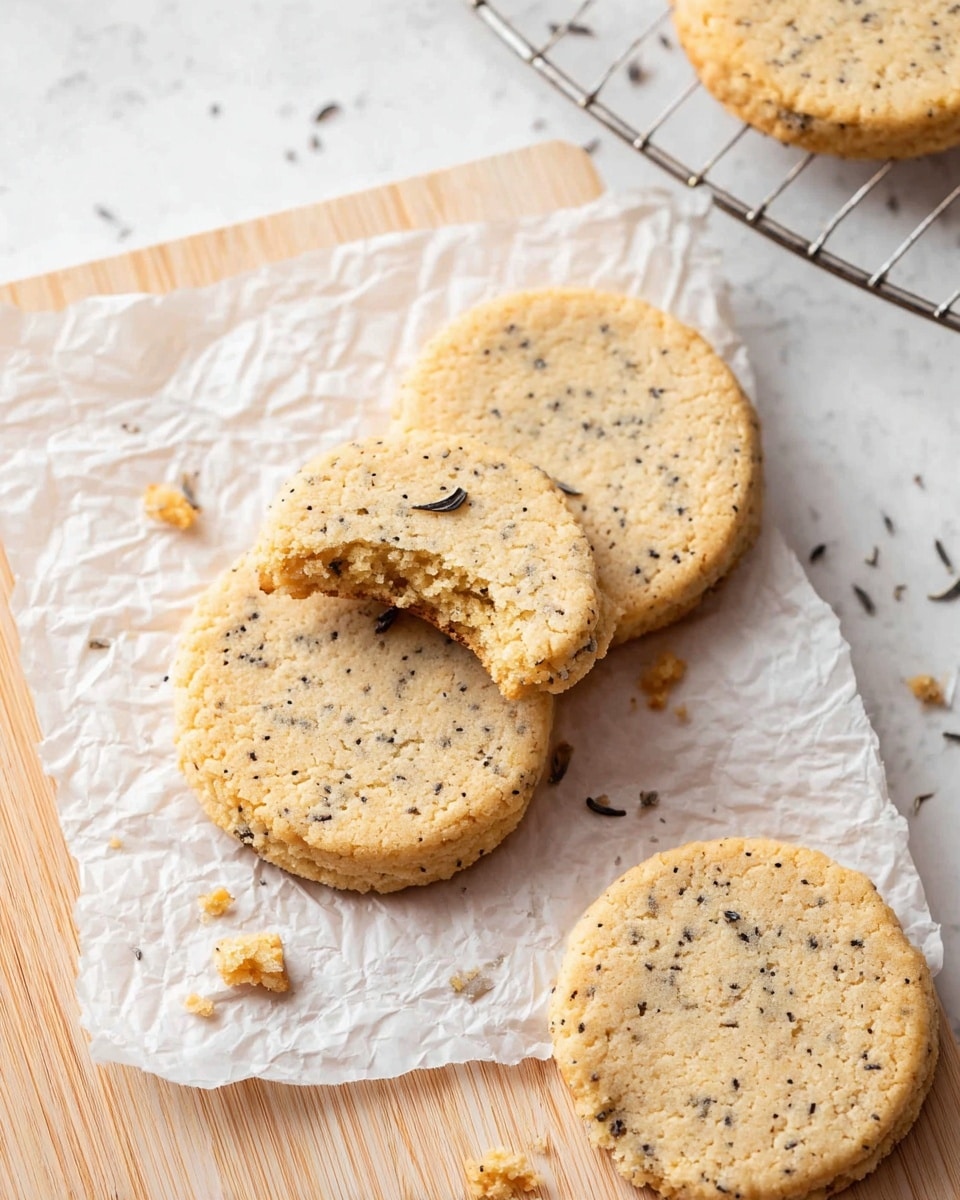 The image shows three round cookies with a light golden-brown color, each dotted with small dark specks, placed on a crumpled piece of white parchment paper on top of a light wooden board. One cookie in the center has a bite taken out of it, revealing a soft and slightly crumbly texture inside. There are small crumbs scattered around the cookies, and in the upper right corner, part of another cookie is resting on a white cooling rack. The overall scene is bright and clean with natural light, set against a white marbled textured surface. photo taken with an iphone --ar 4:5 --v 7
