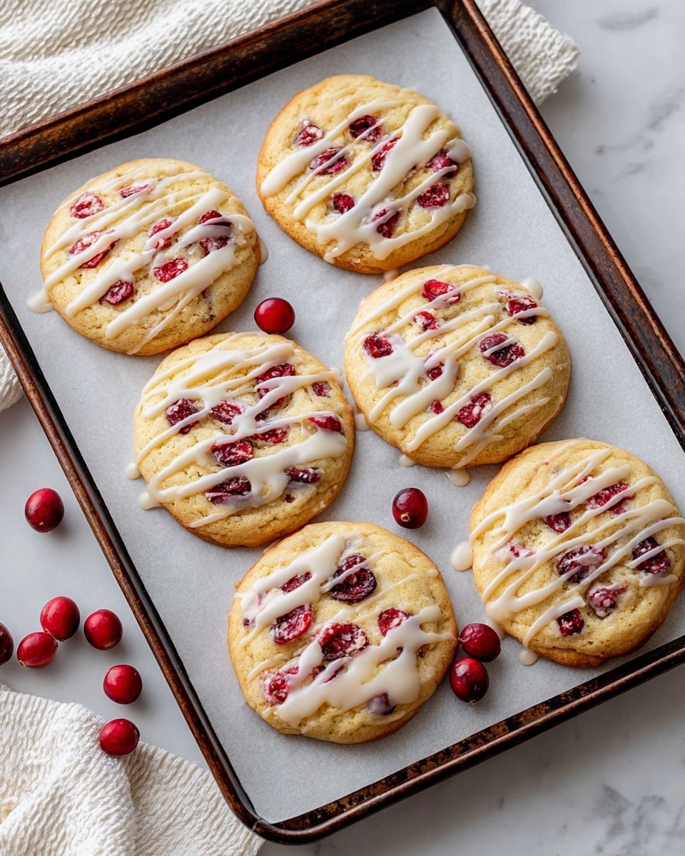 Six round cookies with a light golden-brown base are arranged on a baking sheet lined with white parchment paper. Each cookie is topped with bright red cranberries embedded in the dough and drizzled with a thin, glossy white icing in irregular lines. The baking sheet has a dark rim and sits on a white marbled surface. Some loose cranberries are scattered near the bottom left corner beside a white textured cloth. Photo taken with an iphone --ar 4:5 --v 7