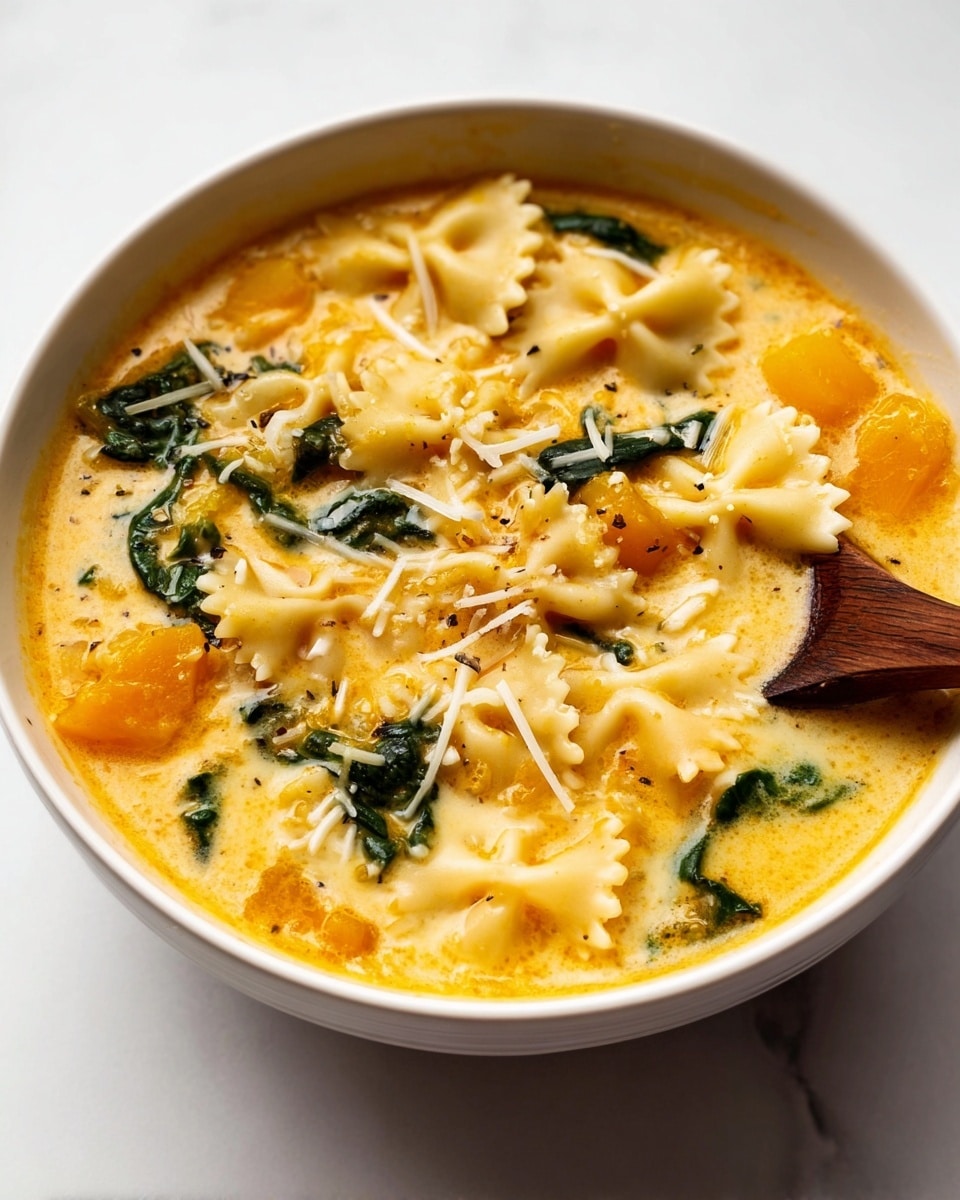 A white bowl filled with creamy orange-yellow soup as the base layer, visible with small chunks of bright orange squash and dark green wilted spinach scattered throughout. On top of the soup, there are wavy-edged pasta pieces mixed in, pale off-white in color and slightly coated with the soup. Thin shreds of white cheese are lightly sprinkled on the surface, melting slightly into the hot soup. A wooden spoon is partially submerged inside the bowl from the right side. The bowl sits on a white marbled surface. photo taken with an iphone --ar 4:5 --v 7