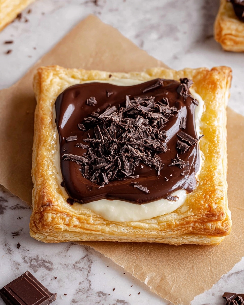 A golden-brown square pastry with a flaky crust forms the base layer, surrounded by slightly puffed edges. Inside, there is a smooth, creamy white layer beneath a thick, glossy dark chocolate spread covering half of the surface. On top of the chocolate, a small pile of dark chocolate curls adds texture and depth. The pastry rests on a sheet of light brown parchment paper placed on a white marbled surface, with a few chocolate curls scattered around. Photo taken with an iphone --ar 4:5 --v 7