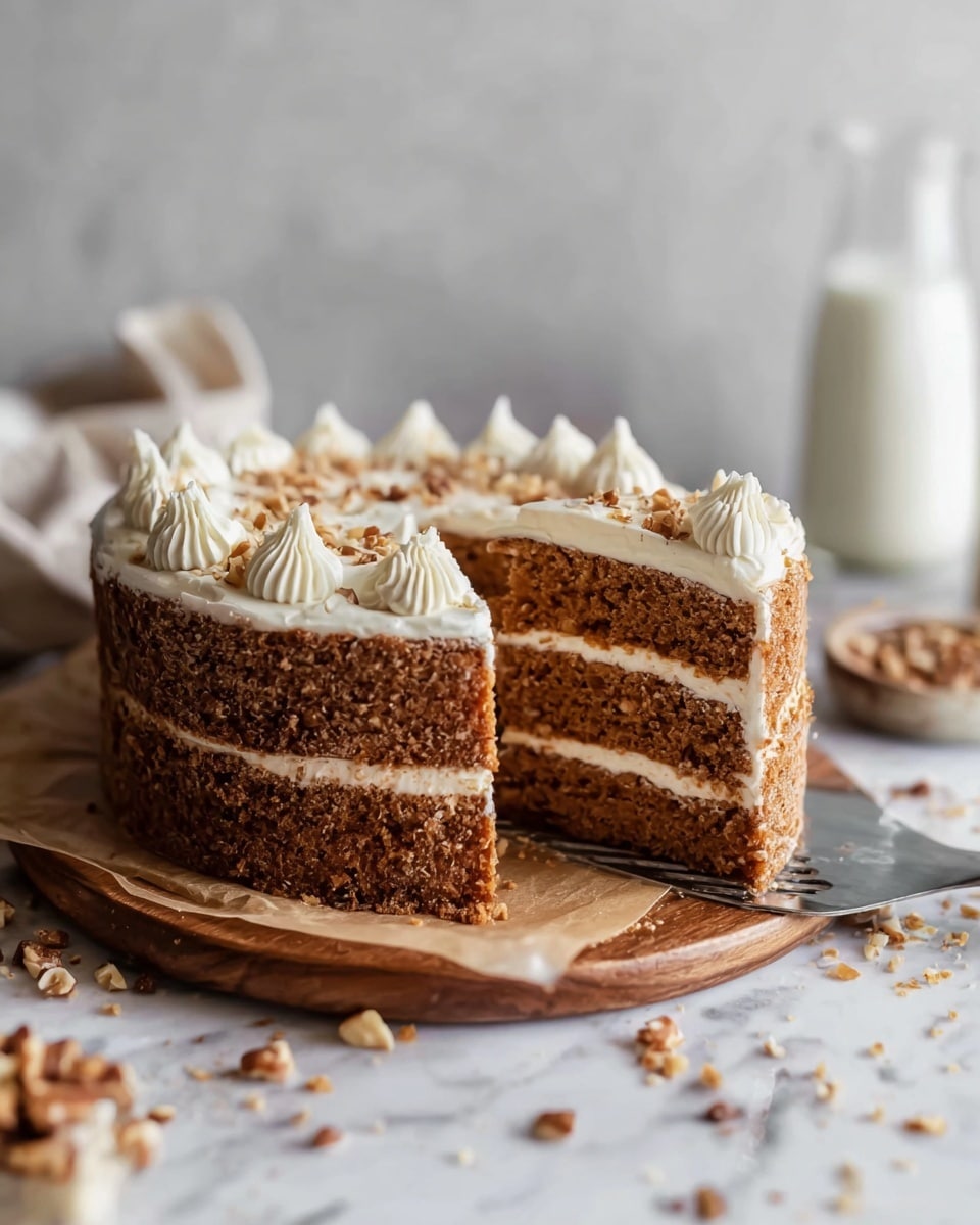 A three-layer brown cake with light cream filling between each layer sits on a wooden board lined with brown parchment paper. The cake is frosted with white cream, decorated on top with small peaks of cream and sprinkled with chopped nuts. A metal cake server holds a slice being served from the right side. The scene is set on a white marbled surface with scattered crumbs and nuts around. In the blurred background, a glass bottle filled with milk is visible. photo taken with an iphone --ar 4:5 --v 7