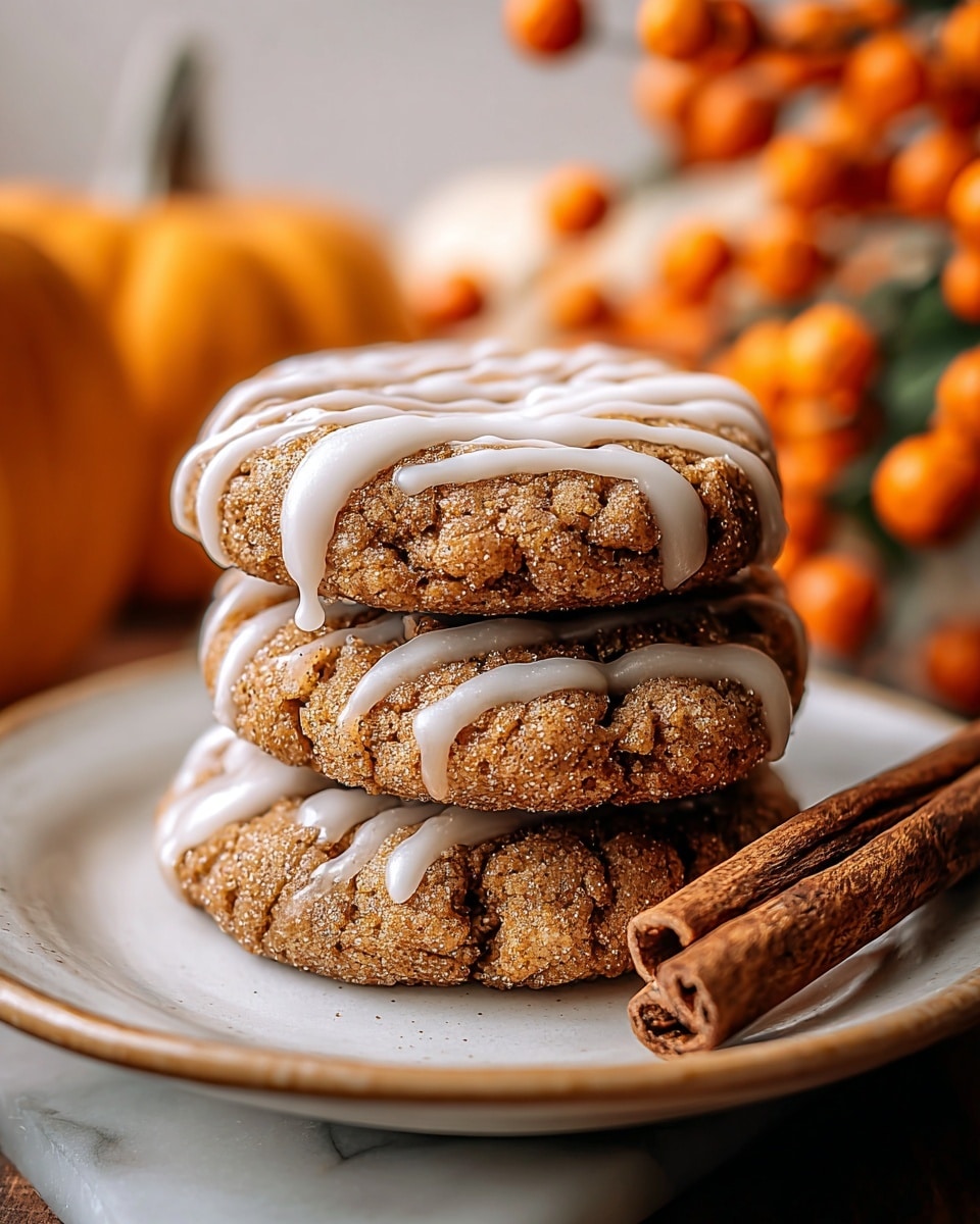 A stack of three round, soft-looking cookies with a rough, cracked texture sits on a white plate. Each cookie has a light brown color and is drizzled with thick, white icing in loose stripes across the top. To the right of the stack, there is a cinnamon stick lying flat on the plate, showing its dark brown, rough bark texture. In the background, blurred orange pumpkins and orange berries add a warm, autumnal feel. The whole scene is set on a white marbled surface. photo taken with an iphone --ar 4:5 --v 7