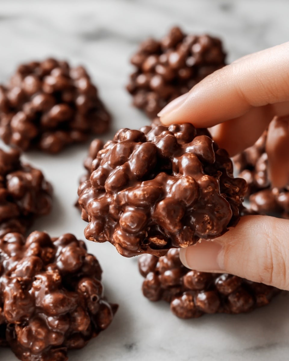 A close-up image shows a woman's hand holding a piece of chocolate treat made of shiny dark brown chocolate mixed with round puffed cereal balls forming a bumpy texture; many similar chocolate cereal clusters rest scattered on a white marbled surface in the background, highlighting the glossy and rough exterior of each cluster, with no visible layers inside. photo taken with an iphone --ar 4:5 --v 7