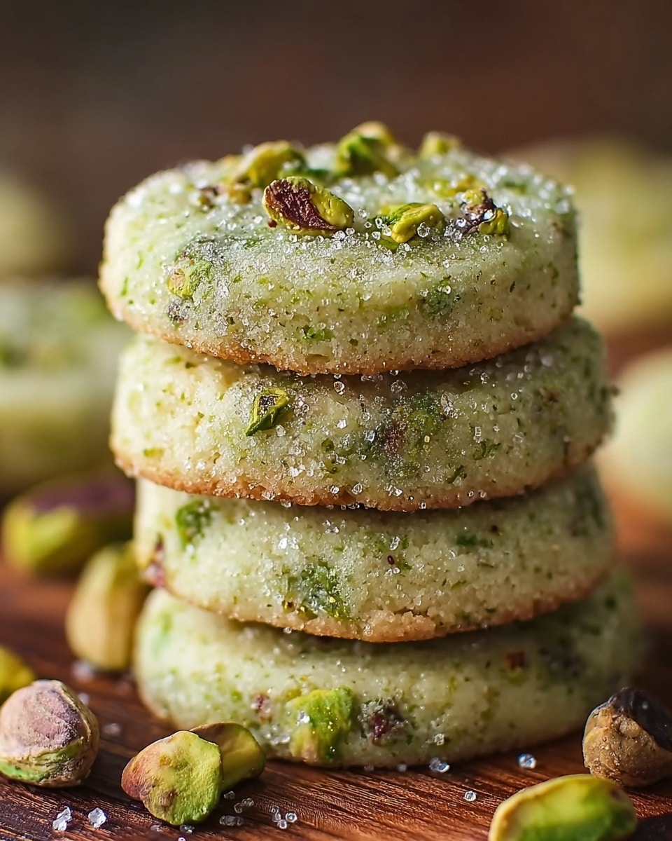 A close-up of a stack of four round pistachio cookies with a light green color, speckled with bits of green pistachios inside and on top, sprinkled with sugar crystals. The cookies have a lightly browned bottom edge and a soft, crumbly texture. They are placed on a dark wooden surface with scattered pistachio nuts around them. The background is blurred with a warm, soft focus. photo taken with an iphone --ar 4:5 --v 7