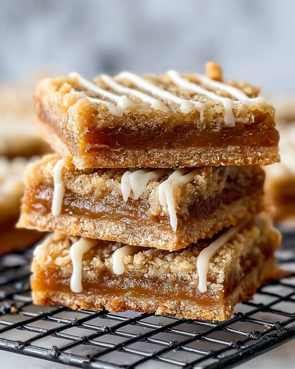 A close-up of a stack of three square dessert bars on a black cooling rack, each bar showing three layers: a crumbly golden brown crust on top and bottom with a thick, gooey caramel layer in the middle, all drizzled with thin, white icing lines across the top. The crumbly texture is rough, and the caramel layer looks smooth and sticky. The background is softly blurred with a white marbled texture surface. photo taken with an iphone --ar 4:5 --v 7