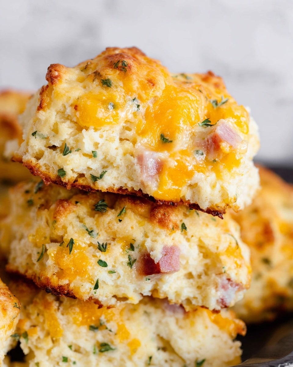 The image shows a close-up of fluffy baked cheese biscuit pieces stacked together, with a rough, crumbly white layer mixed with small green herb pieces on the top and throughout. Bright orange melted cheddar cheese chunks are seen melted inside the biscuit layers along with small bits of pink ham. The top edges of the biscuit have a light golden brown color where the cheese is slightly crispy. The cheese looks gooey and moist, contrasting with the soft and crumbly white biscuit dough. The background is a soft white marbled texture. photo taken with an iphone --ar 4:5 --v 7