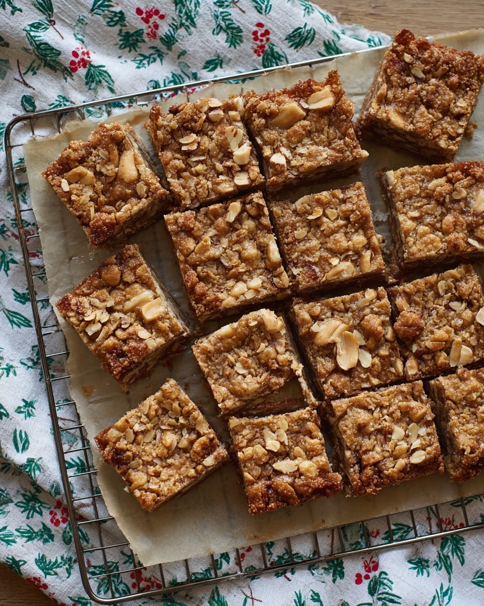 The image shows fifteen square pieces of nutty bars with a golden-brown crust on top, resting on a parchment paper over a metal cooling rack. Each bar has a crunchy, textured top layer filled with visible chunks of light and dark nuts, with a slightly darker, dense base layer underneath. The bars are arranged closely together, with some irregular edges showing where they were cut. The setup is on a wooden surface partially covered by a white cloth with green leaf and red berry patterns. photo taken with an iphone --ar 4:5 --v 7