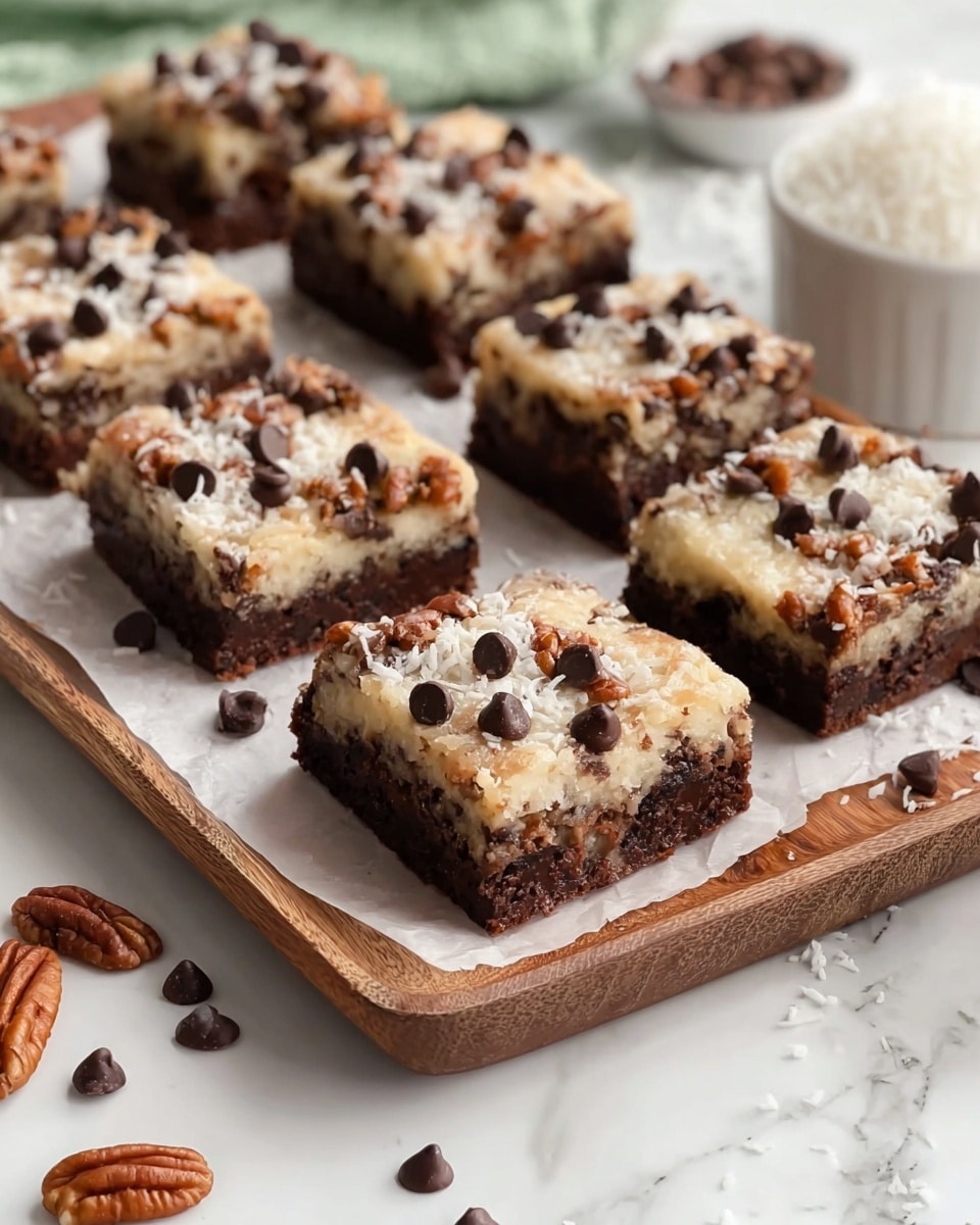 The image shows several square dessert bars neatly arranged on a wooden tray lined with parchment paper. Each bar has two distinct layers: the bottom layer is a dense, dark brown brownie, while the top layer is lighter, creamy beige with a textured look from shredded coconut and chopped nuts mixed in. Dark chocolate chips are scattered generously on the top layer, adding small round shapes with a glossy finish. The tray is placed on a white marbled surface with some pecan nuts and chocolate chips scattered around, along with a white bowl partially visible on the right filled with shredded coconut. photo taken with an iphone --ar 4:5 --v 7