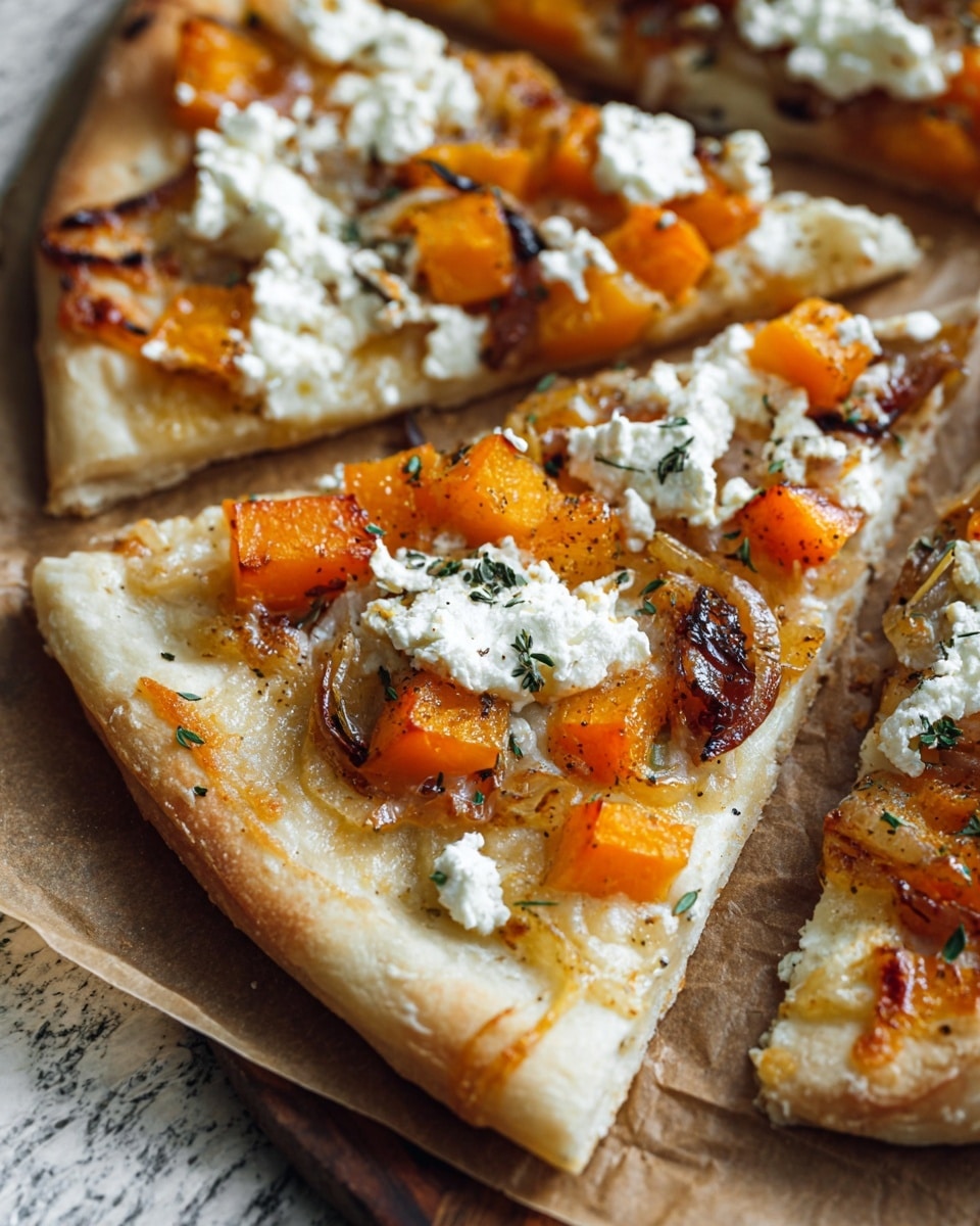 A close-up view of two slices of pizza on brown parchment paper over a wooden surface with white marbled texture in the background, each slice shows a pizza crust with a light golden brown edge, topped with a layer of melted light brown cheese, followed by visible chunks of bright orange roasted squash, caramelized brown onions, and dollops of creamy white ricotta cheese sprinkled lightly with black pepper and small green herbs. The pizza looks soft yet slightly crispy. Photo taken with an iphone --ar 4:5 --v 7