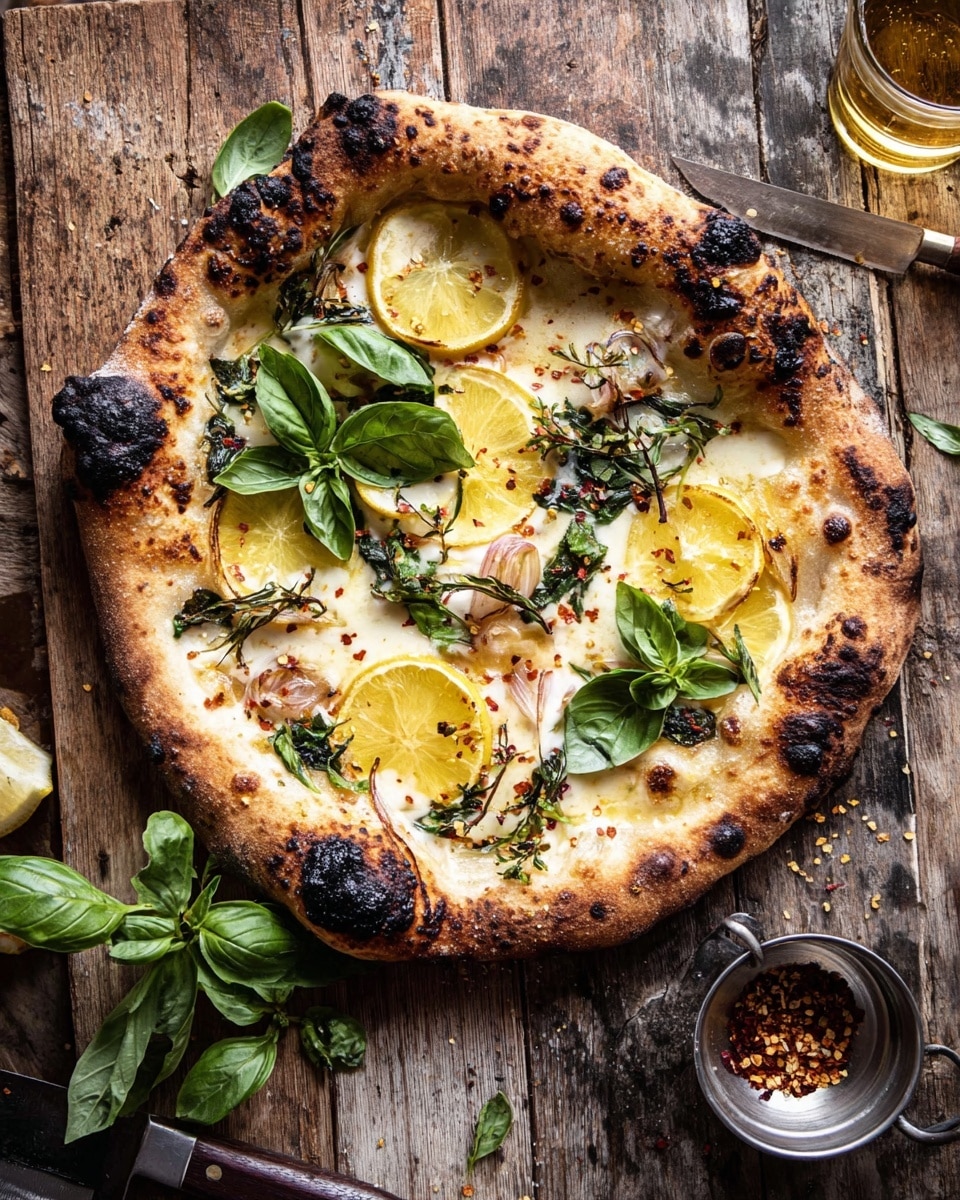 A close-up view of a single large flatbread or thin dough base with a light beige color and rough texture, topped with scattered purple onion petals, small green herb sprigs with leaves, and a sprinkling of sesame seeds mixed with dark red chili flakes, all drizzled with golden olive oil that pools slightly in the creases of the dough; the dish rests on a white marbled surface. photo taken with an iphone --ar 4:5 --v 7