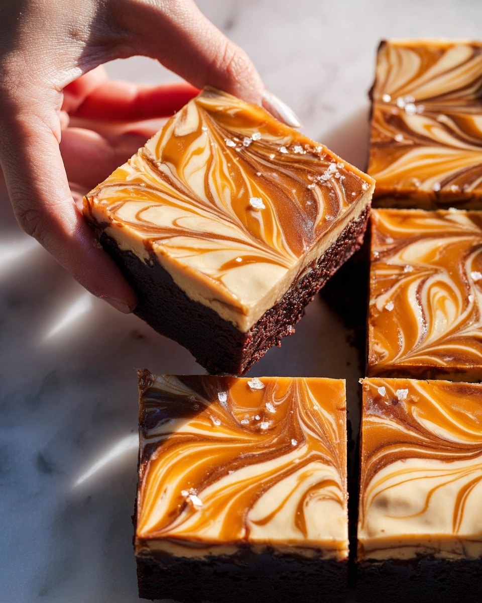 A close-up of a square brownie cut into smaller pieces, each piece topped with two layers: the bottom layer is dark brown and rich, the top layer is creamy beige with caramel-colored swirls creating a marbled pattern that looks smooth and glossy. A woman's hand is gently holding one piece at the top left, showing the thickness of the brownie. The brownies are placed on a white marbled surface, with soft light highlighting the shiny caramel swirls and some small salt flakes sprinkled on top. photo taken with an iphone --ar 4:5 --v 7