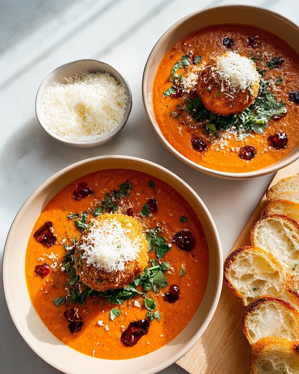 Two off-white bowls each hold a dish with three layers: a smooth, bright orange-red soup as the base, topped with a round, golden-brown fried ball in the center, and a small pile of finely grated white cheese on top of the ball. Around the ball are scattered dark red spots that look like chili flakes or oil, and chopped fresh green herbs. To the side, on a white marbled surface, there are four toasted slices of baguette and a small bowl filled with white grated cheese. The light is natural and bright, making the colors pop. photo taken with an iphone --ar 4:5 --v 7