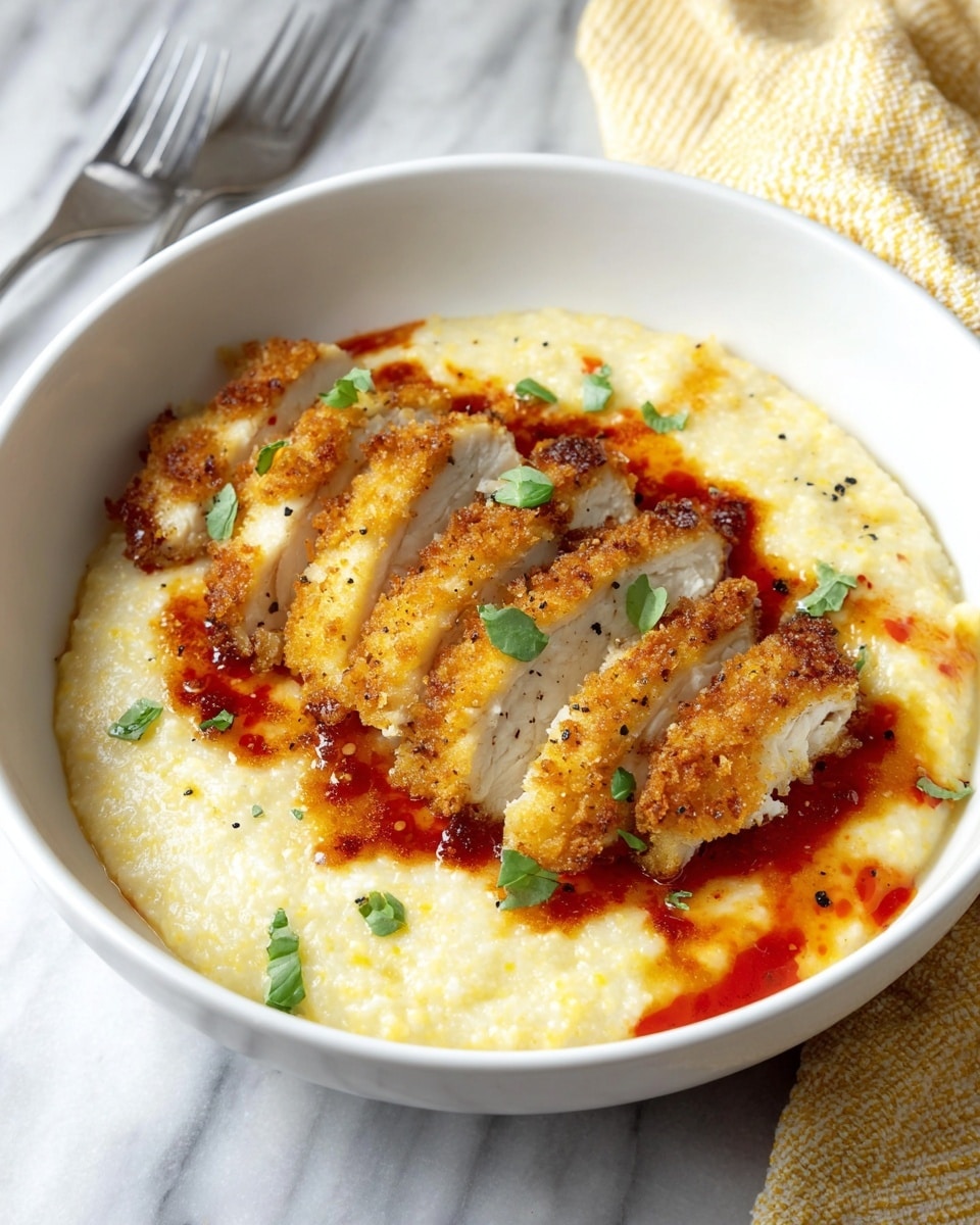 A white bowl holds creamy, pale yellow grits as the base layer, smooth with a slight shine and some black pepper flecks sprinkled throughout. On top, there are seven slices of golden-brown breaded chicken, arranged in a slight arc across the bowl from left to right. The chicken has a crunchy textured crust with a few spots of darker browning. A drizzle of red sauce with oil pools around the chicken and grits, adding a glossy finish and color contrast. Small pieces of fresh green herbs are scattered over the chicken as garnish. The bowl sits on a white marbled surface with a silver fork nearby and a yellow-and-white textured cloth in the background. photo taken with an iphone --ar 4:5 --v 7