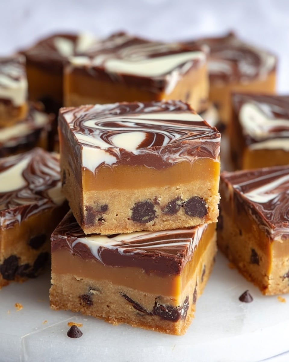 The image shows several stacked dessert squares with three distinct layers. The bottom layer is a light brown cookie dough filled with dark and white chocolate chips, giving it a rough texture. The middle layer is smooth and thick, colored caramel brown. The top layer is a thin swirl of dark and white chocolate, creating a marbled pattern with a shiny finish. The squares are placed on a white marbled surface, with some pieces scattered in the background. photo taken with an iphone --ar 4:5 --v 7
