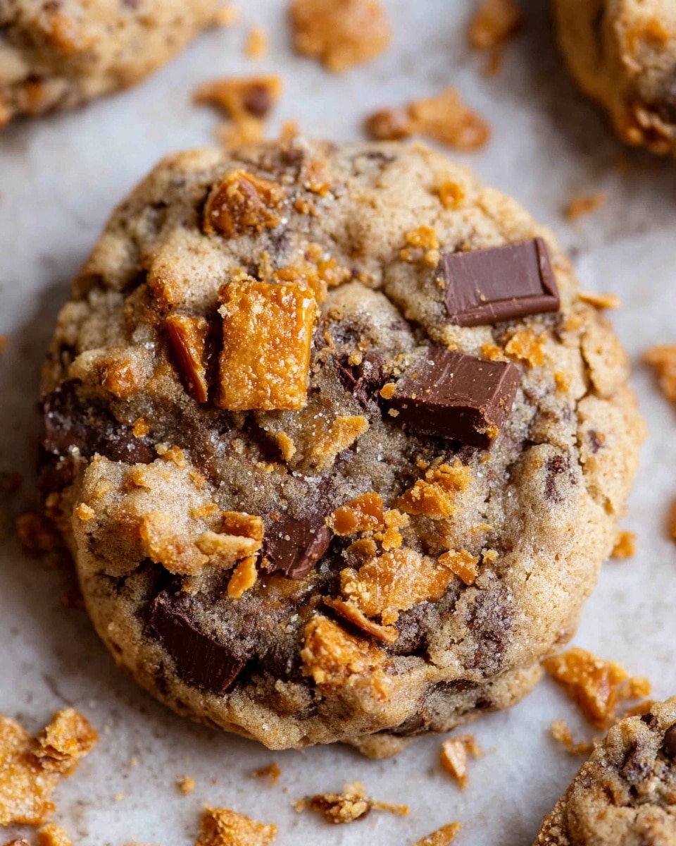 The image shows a close-up of a thick, chunky cookie with a rough texture, speckled with melty dark chocolate chunks and crunchy golden-brown brittle pieces on top and embedded in the dough. The cookie surface is golden-brown with visible small cracks, giving it a soft yet crisp look. Around the main cookie, there are bits of brittle scattered, and blurred cookies can be seen in the background. The entire scene is set on a white marbled texture photo taken with an iphone --ar 4:5 --v 7