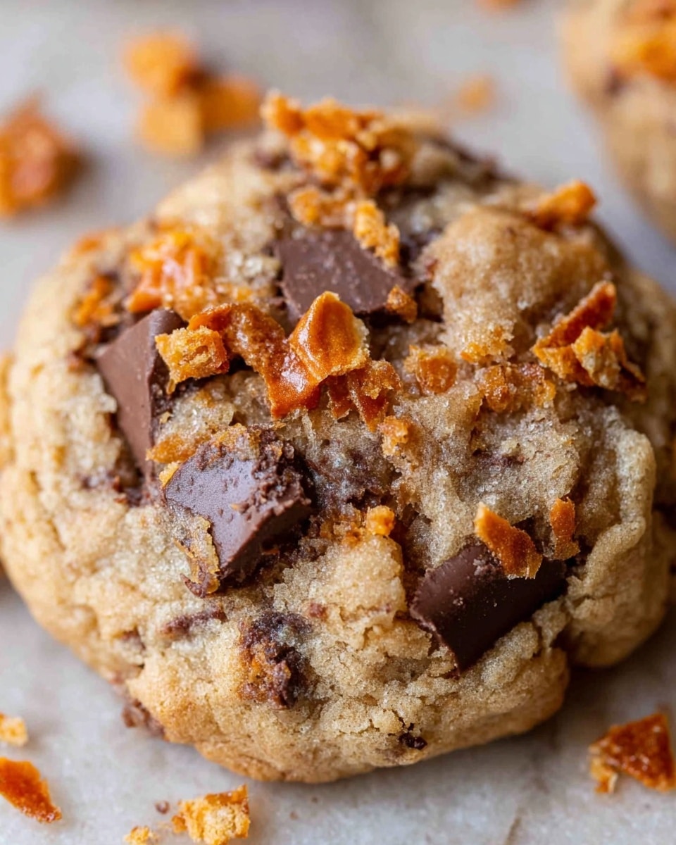 The image shows a close-up of a soft, chewy cookie with a slightly rough texture, speckled with melted dark chocolate chunks and crispy, orange caramelized bits scattered on top and around the cookie. The cookie has a warm light brown color with some variation from the baked edges to the center. The background has a white marbled texture, keeping the focus on the layered details of the cookie's surface and toppings. Photo taken with an iphone --ar 4:5 --v 7