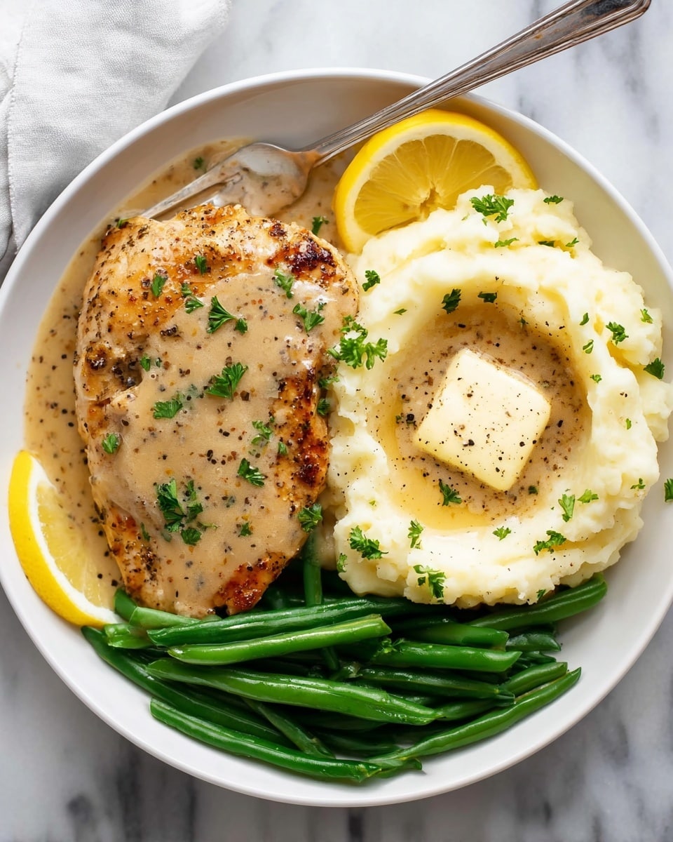 A white round plate on a white marbled surface holds a meal with three parts: on the left, there is a grilled chicken breast covered in light brown gravy with specks of black pepper and small green parsley leaves scattered on top; on the right side, there is a large scoop of creamy mashed potatoes with a small square of melting butter in the center sprinkled with black pepper, and a silver fork resting on the edge of the mashed potatoes; at the bottom, there is a neat row of bright green cooked green beans; a wedge of yellow lemon sits between the chicken and mashed potatoes near the top edge. photo taken with an iphone --ar 4:5 --v 7